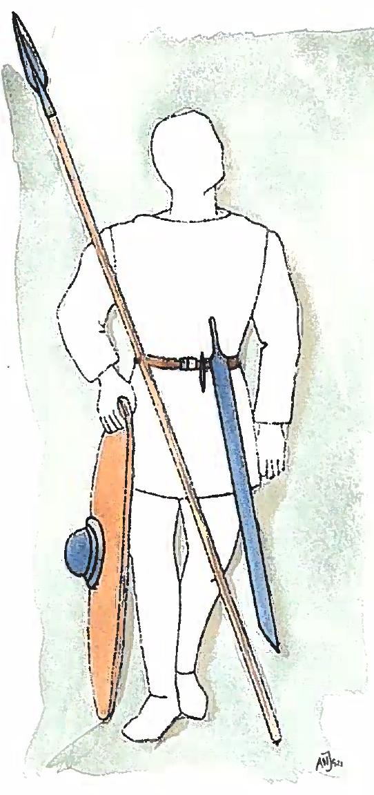 Fig. Id. I midten af 700-tallet var krigerens bevebning tilsyneladende blevet uhyre enkel med et nesten én m langt og meget bredt enegget suerd — et tungt hug- sverd, der ofte ledsagedes af en lille kniv. Sjeldnere op- tradte skjoldet i graven, men hvis det forekom, var det rundt med en lille og halukugleformet skjoldbule, dertal kunne forekomme en lanse af den tidligere kendte form.  Vaben er velegnede til brede studier over tid og rum, idet de som en naturlig folge af anvendelsen udvikles under ’international’ el- er med et for den tid mere precist udtryk overregional pavirkning. Vaben udggr en af jernalderens stgrste fundgrupper. Igennem mere end 100 ar har arkzologerne arbejdet pa at forbedre kendskabet til bevebningens udvikling over en 1000-arig periode fra kort for Kristi fgdsel og frem til vikingetiden. Re-  