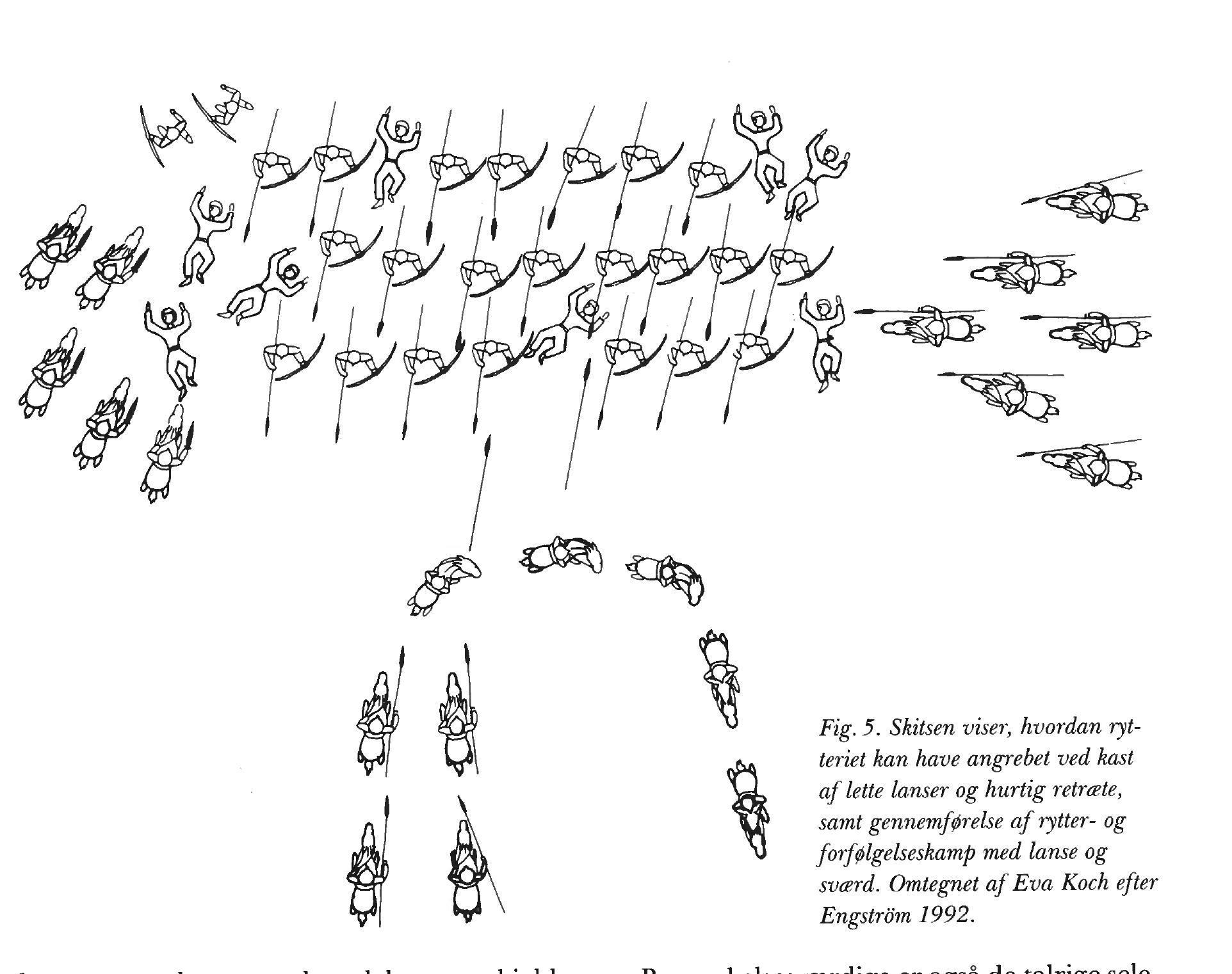 have veret udstyret med spyd, lanse og skjoid, mens kun meget fa havde fuldbevebning med sverd, og endnu ferre var beredne kri- gere. I denne slagorden, som man havde an- vendt helt tilbage fra for Kristi fodsel, var spyd, lanse og skjold den almindelige udstyrs- kombination. Dette system med offensivt in- fanteri har fra tid til anden zndret karakter under pavirkning af graesk, keltisk og romersk taktik med det tidligste eksempel inden for vaben af jern pa dansk jord i Hjortspring-va- benofferfundet fra o. ar 350 f.Kr. De fatallige ryttere i Ejsbglfundet har formodentlig fun- geret som hzrledere. 