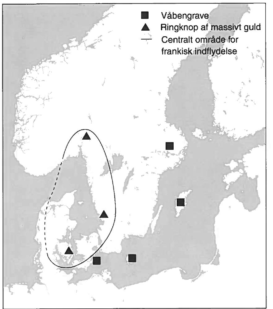 Fig. 10a. Udbredelsen af guldringknopper og vaben- grave i det tidlige 500-tal. 