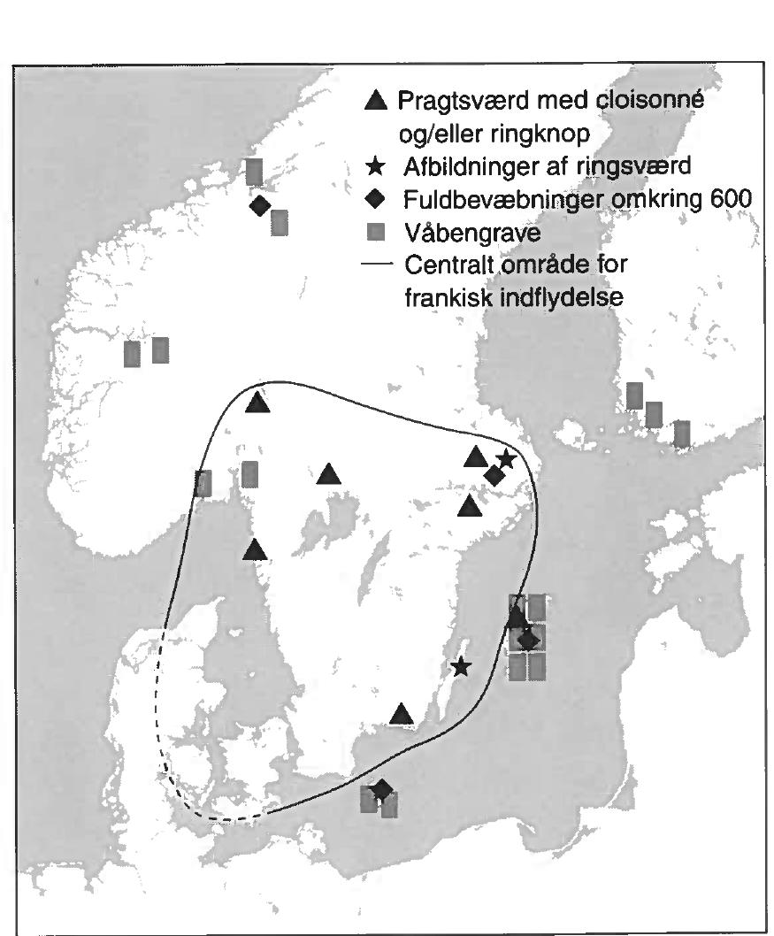 Fig. 10b. Udbredelsen af ringknopsverd og vabengrave omkring dr 600. 