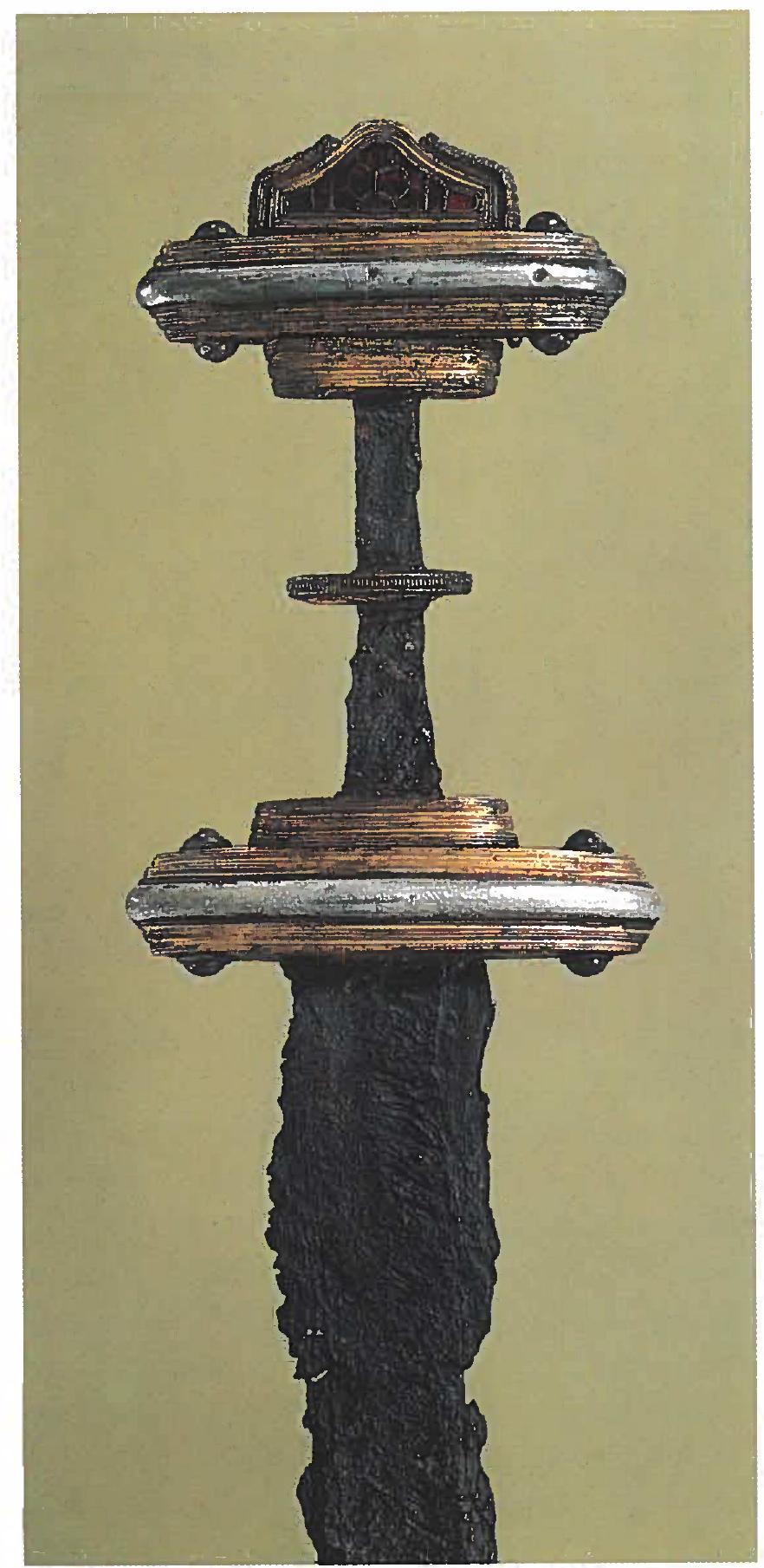 Fig. 11. Et af de yngste pragtsverd fra 600-tallet fun- det ved Bildsg pa Vestsjelland. Suerdknappen er deko- reret med rgde glasindlegninger. Foto Kit Weiss. 