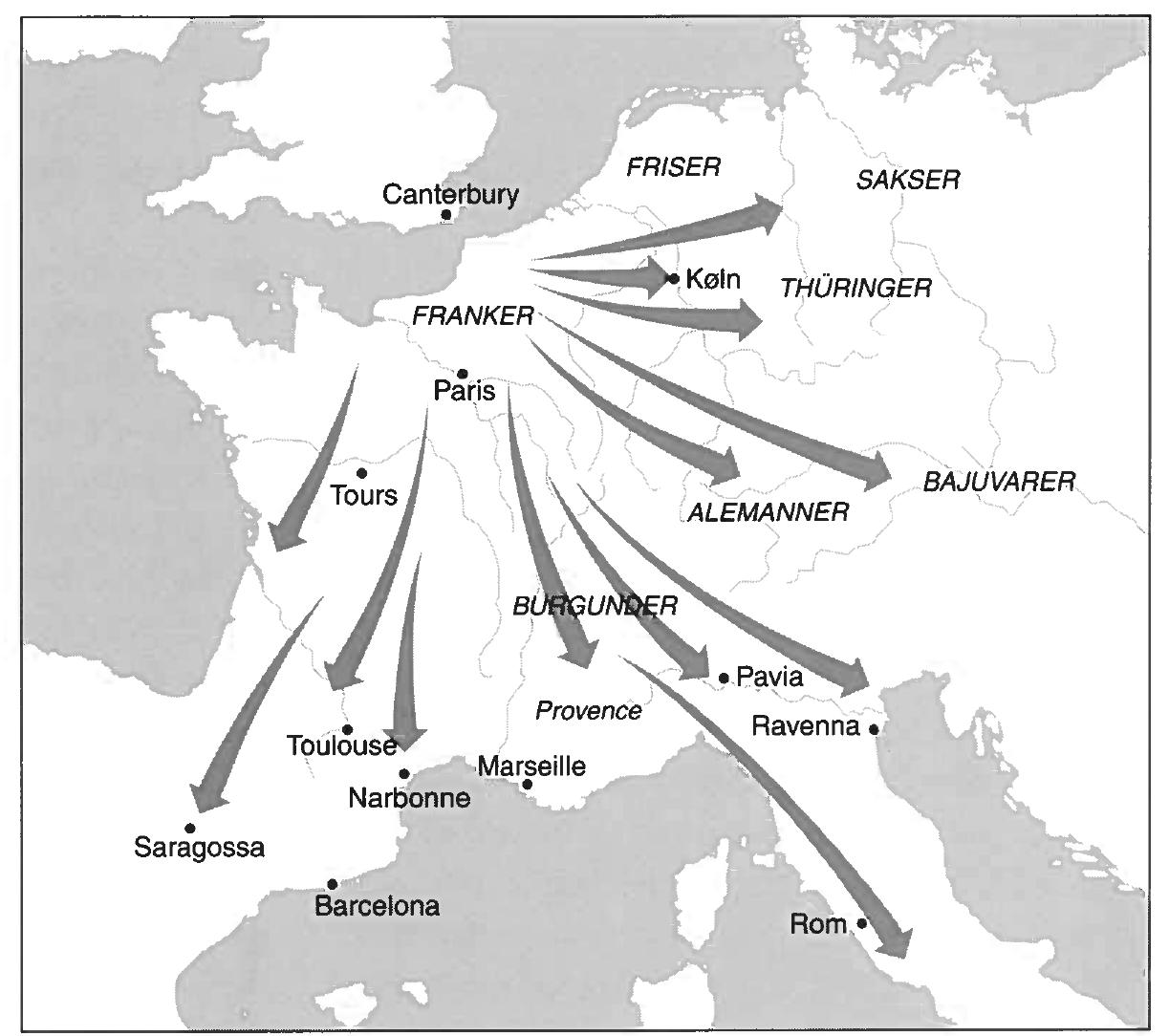 vaben skulle i brug i denne periode, og man far de zldste skriftlige meldinger om direkte konfrontationer mellem Frankerriget og Nor- den, idet Frankerriget (bortset fra Karl Mar- tels angreb pa friserne i ar 734) forst under Karl den Store ekspanderede helt ind i det saksiske omrade med kampagnerne fra ar 772 og videre frem. Fgrst da var der grensefeelles- skab mellem Sydskandinavien og det store rige 1 Vesteuropa.  les optraden og karakter i forhold til det lidt, vi ved om det frankiske riges historie. Et spzendende perspektiv viser sig, nar vi for en stund forlader de skarpt afgrzensede forsk- ningstraditioner og ser Nordeuropa i lyset af bare nogle fa af de talrige andre kontaktmu- ligheder, der ma have hersket i tiden efter ar 500 og frem, til man pabegynder en kontinu- erlig skriftlig tradition i Nordeuropa med de frankiske rigsannaler fra midten og sent 1 700- tallet. Fra da af tradte Norden frem pa den politiske histories scene i det skriftlige kilde- materiale, bade hvad angik krigshandlinger, diplomatiske udvekslinger og fredsforhand- linger.  Pa trods af, at de skriftlige kilder til Fran- kerrigets tidlige historie er fragmentarisk overleverede og for stgrstedelens vedkom- mende er beskrivelser af indenrigspolitisk ka- rakter, er det alligevel et forseg vaerd at sam- menligne det sydskandinaviske vabenmateria- 