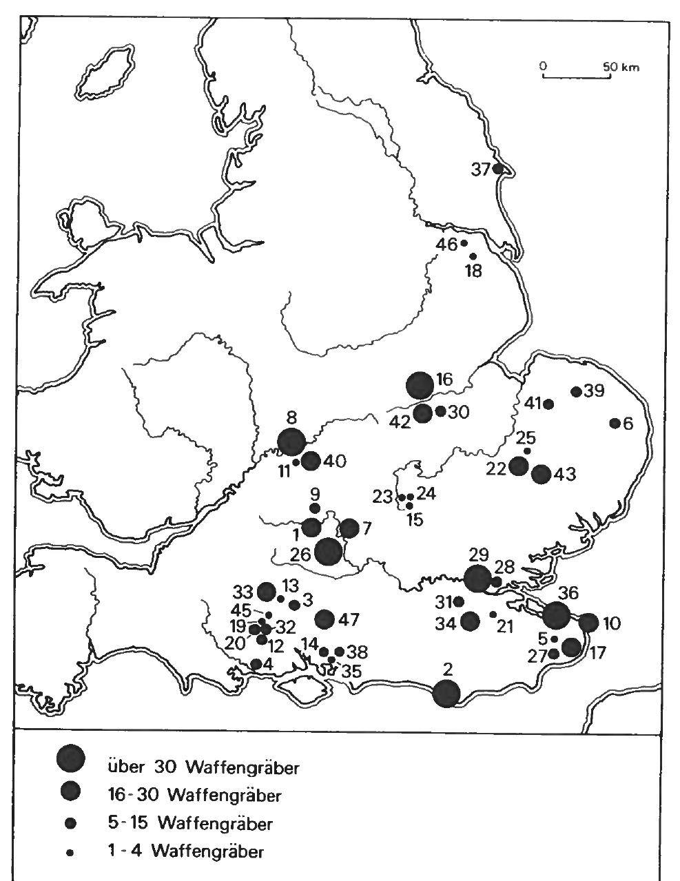 Fig. 13:The number of weapon-types in various European cemeteries. (After Fargensen 1992; Norgdard Fargensen 1993)  Fig. 14:The distribution of weapon burials in Harkes sample (After Harke 1992b, Abb. 5) 