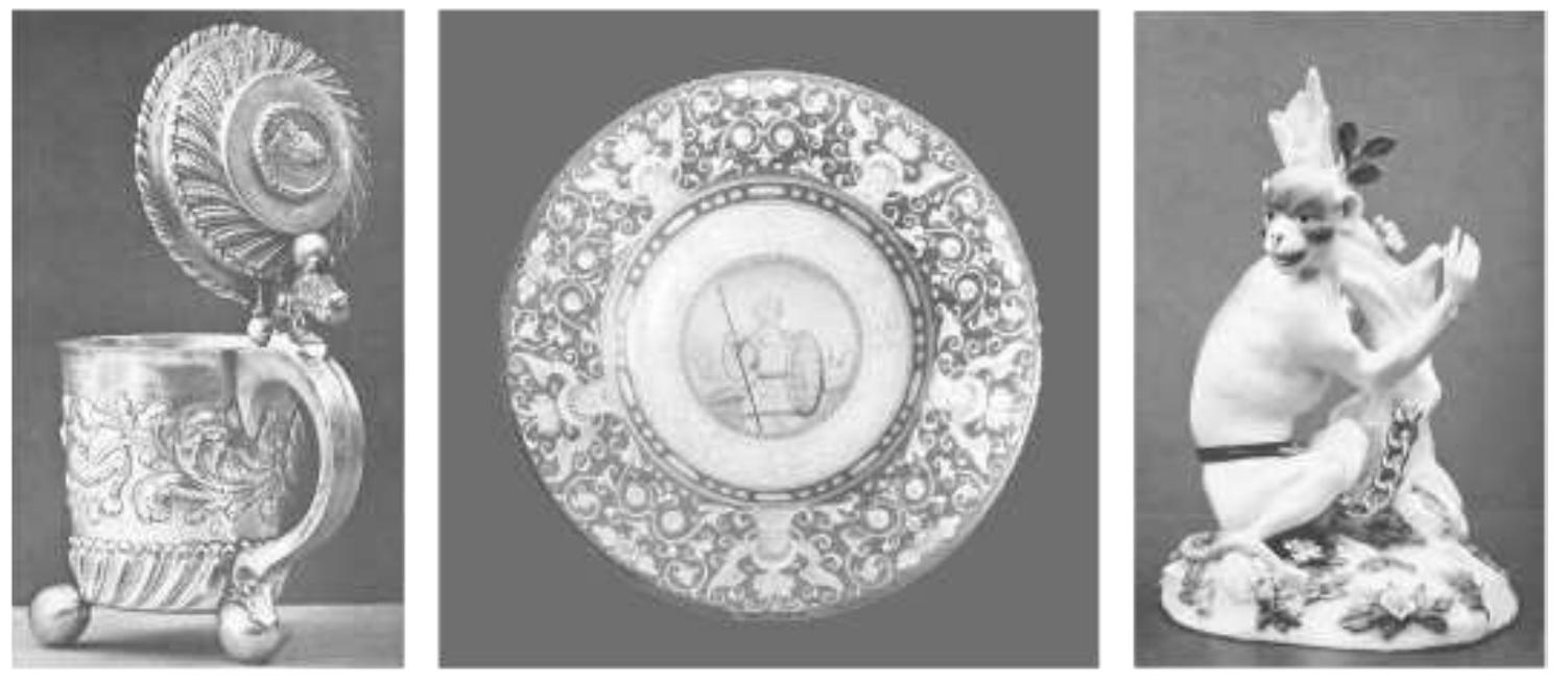 Fig. 1. Some of the objects on view at “Forfalskninger” (Copenhagen, Danske Kunstindustrimuseum 1915). From left to right: Hannover 1916, cat. nos. 29, 73, and 88 