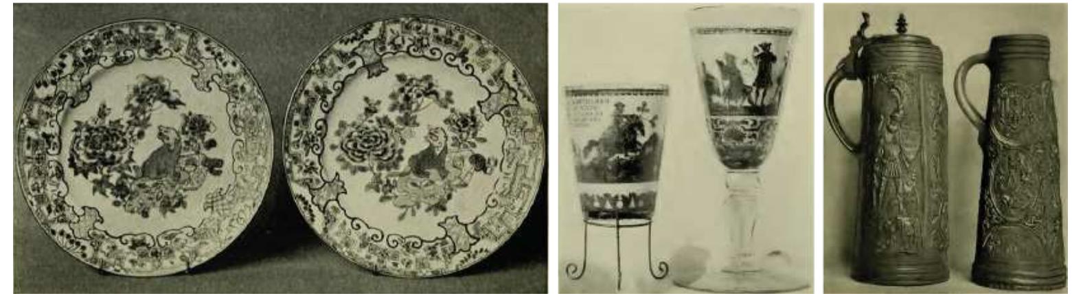 Fig. 2. Some of the objects on view at “‘Fakes’ and Reproductions” (Philadelphia, Pennsylvania Museum of Fine Arts 1916). From left to right: Modern French copy (France, eighteenth century) of genuine Chinese Ch’ien-lung porcelain plate (1736-1795); genuine example of Zwischenglass (Bohemia, mid-eighteenth century) and Venetian imitation (eighteenth century); Modern  imitation of late sixteenth-century Siegburg white-stone cannette and genuine example. Barber 1916, cat. nos. 2 and 1, 234 and 235, 297 and 298 