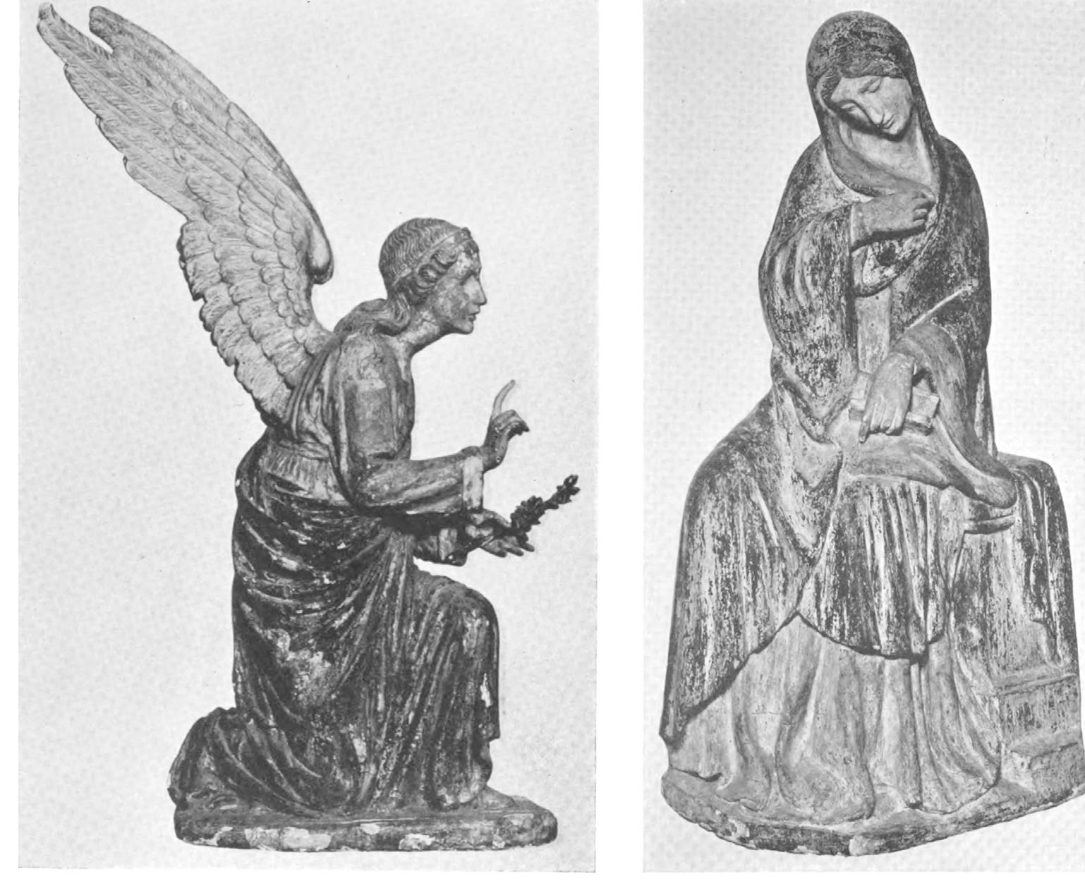 Fig. 3. Alceo Dossena, Annunciation in the manner of Simone Martini, polychromed wood,  early nineteenth century, auctioned at “Sculptures by Alceo Dossena” (New York, National Art Galleries 1933). Frankfurter 1933, cat. nos. 15 and 16 