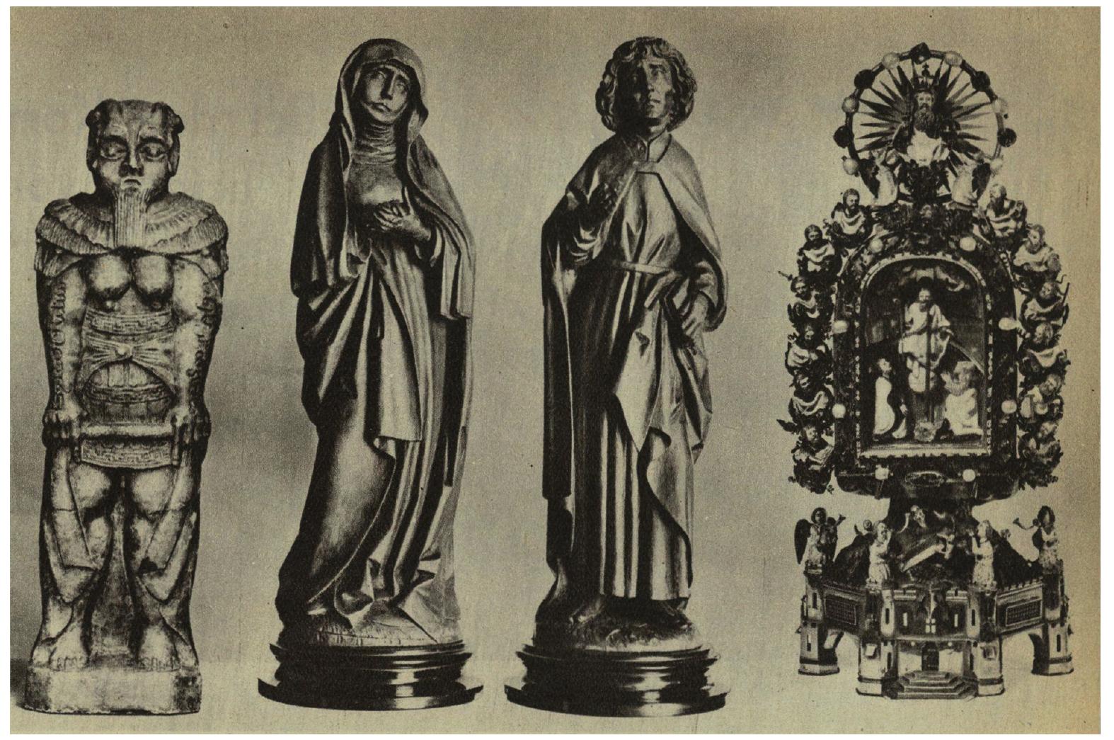 Fig. 4. Some of the objects on view at “Gefalschte Kunstwerke” (Vienna, Kunsthistorisches Museum 1937). From right to left: eighteenth century Egyptian Baphomet; Modern wooden statuettes of Holy Mary and Saint John after models of Tilman Riemenschneider; Modern  golden reliquiar with pearls and precious stones after fourteenth century originals. Roessler 1937, p.7 