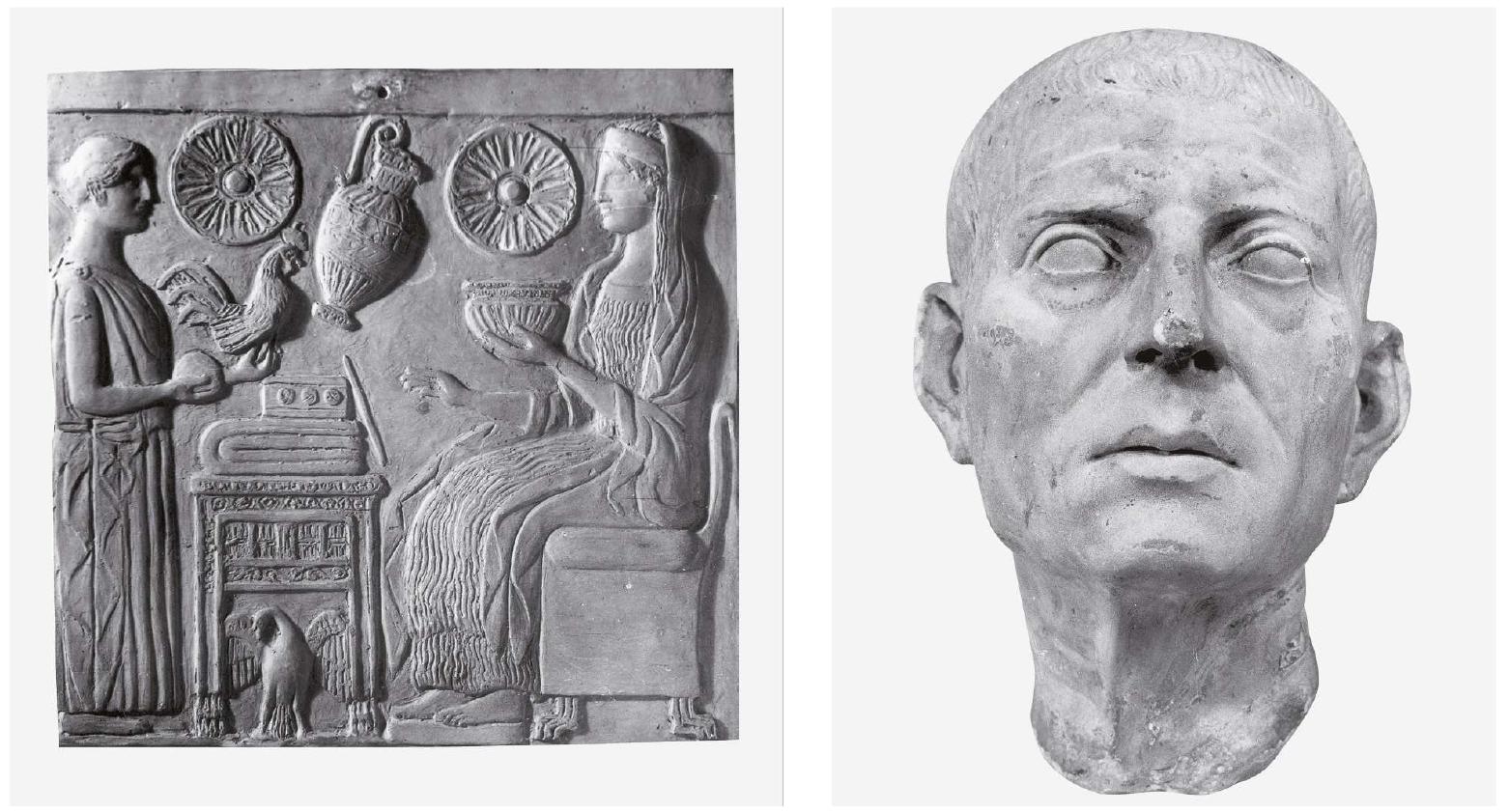 Fig. 6. A couple of the archaeological fakes on view at “Mostra del Falso d’arte” (Rome, ICR 1955). From left to right: fake Locrian terracotta pinax (Soprintendenza alle Antichita della Puglia e del Materano); fake marble portrait of a male (Soprintendenza alle Antichita di Torino). Prisco 2019, p. 276 