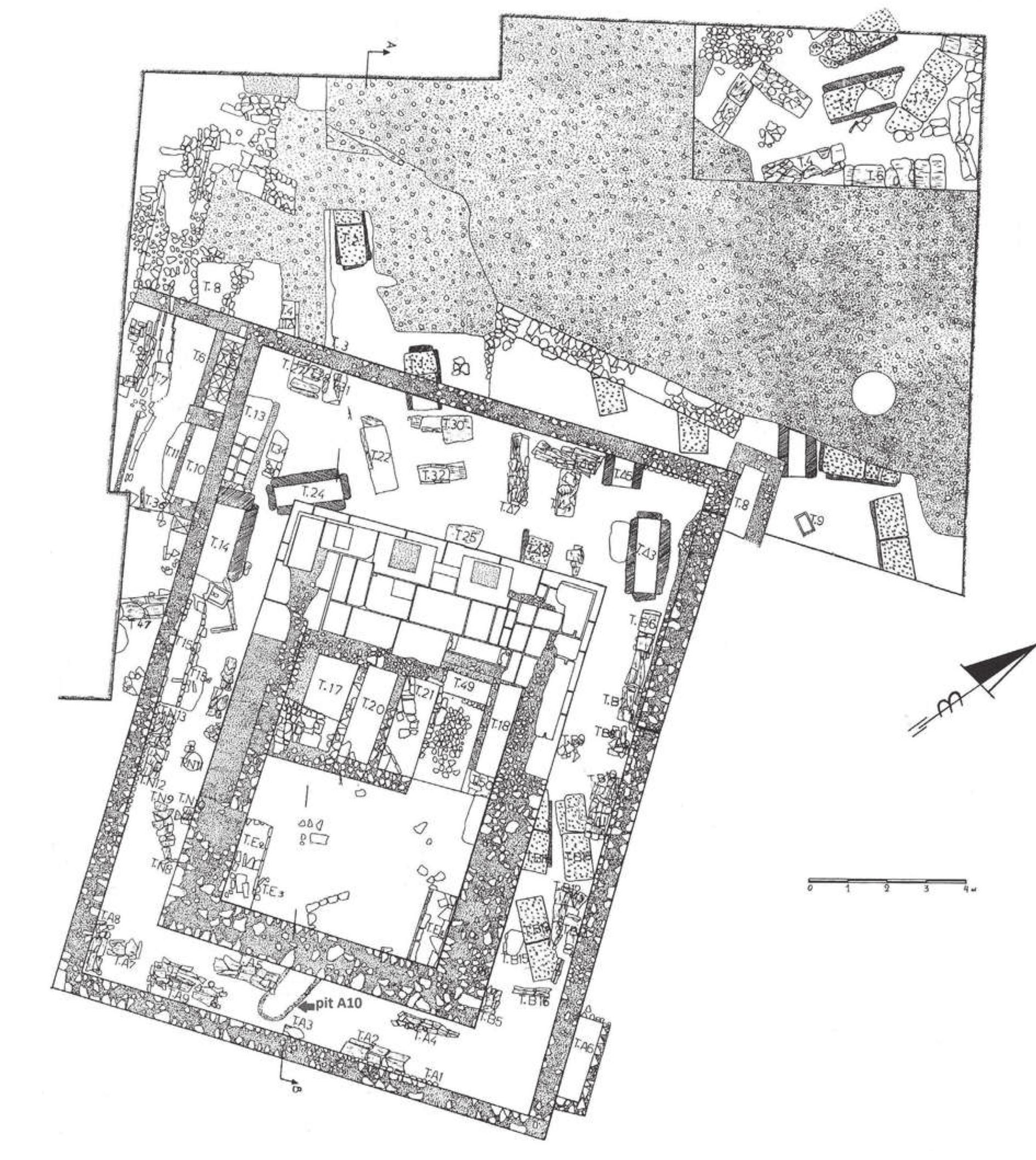 Figure 3: Plan of pit A10 and Roman burial monument. Argos, Southwest cemetery (from BANAKA-DIMAKI 2004, p. 394, pl. 1 