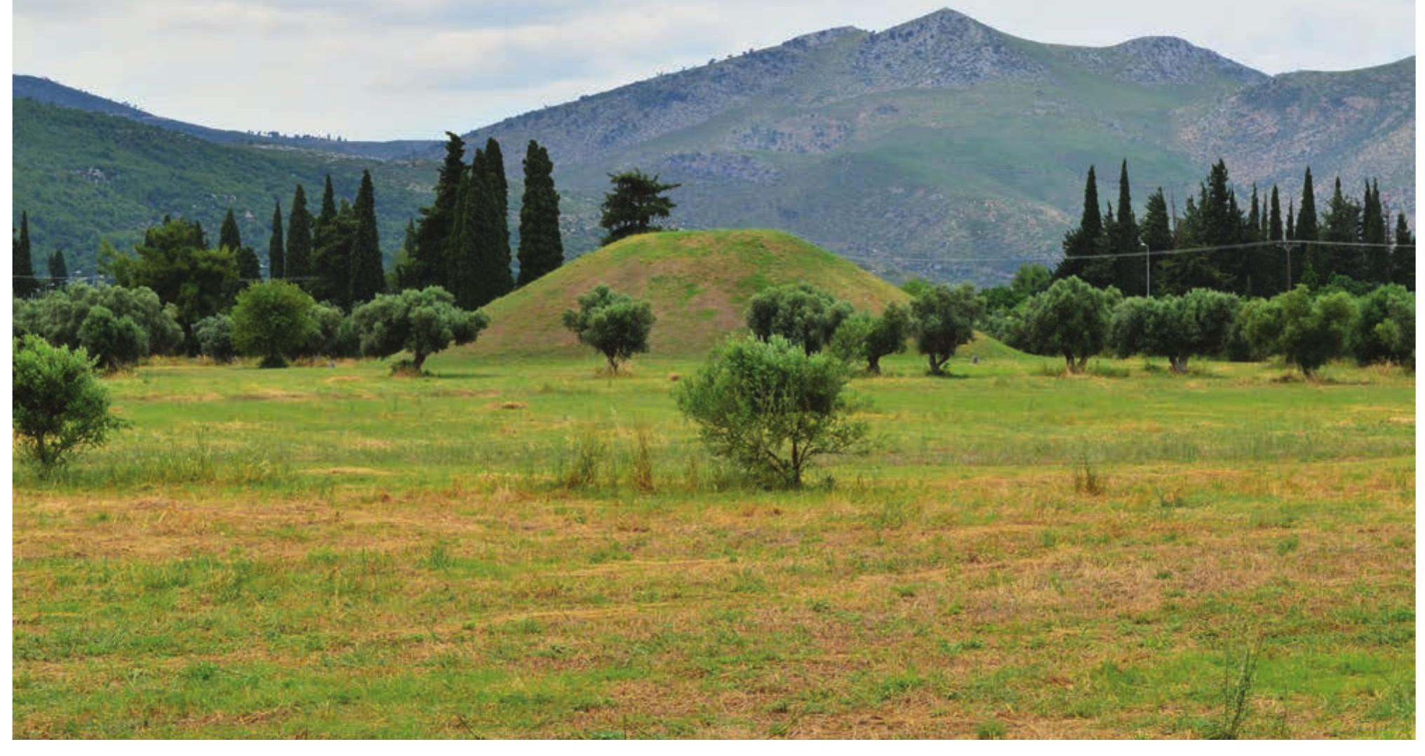The tumulus of Marathon is a memorial monument to the 192 Athenians killed during the Battle  of Marathon (490 BCE) and marks the land where the battle was fought. (Photo by N. Dimakis.)  and, if not the dead of the enemy as well, they should then allow the enemy camp the opportunity to make its own arrangements. The dead were decently buried in funeral mounds (polyandreia), while the victorious dead were made heroes and given divine honors (Loraux 1986: 39-41). Polyandreia, apart from being collective tombs, also marked the place of battle (Jacoby 1944: 4o, n. 11; cf. Stroszeck 2004).5 It was so untypical for war-dead to be buried at home that after the great naval battle at Salamis, the Corinthians buried their dead on the island instead of taking them home no matter how near it was (IG? 1.927; the polyandreion at Chaironia: Plut. De Alex. fort. 9.3; Paus. 9.40). However, in Athens sometime in the early to mid-fifth century BCE, it became customary to celebrate an elaborate public funeral for those who died in war during the course of a year’s campaigning (Bradeen 1969: Appendix I), except for those fallen at Marathon and Plataiai who were buried in mounds at Marathon and Plataiai respectively (Fig. 6; IG’ 2.1006, 69-70; Hat. 9.85; Thuc. 2.34.5 and 3.58; Plut. Comp. Ar. et Men. 21.1; Paus. 9.2.5-6; Bremmer 1983: 105).° Communal monu- ments in the landscape, battlefield, or at home  While death within sacred spaces and temples was sacri- lege and prohibited,’ the notion of death was apparent in cult places, especially those of chthonic deities. As rulers of the Underworld, chthonic deities were so feared that they were named only by euphemisms. They were worshipped by propitiation and sacrifice. The greatest and most feared chthonic god, Hades, had no grand temples or giant cult statues. The only sites of worship dedicated to  Paus. 9.2.5-6; Bremmer 1983: 105).° Communal monu- 
