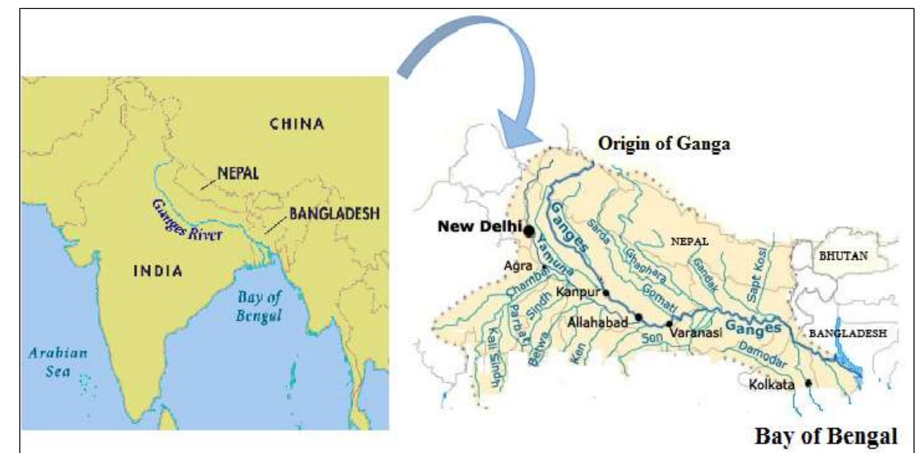 Map of river ganga and its tributaries in india. located in