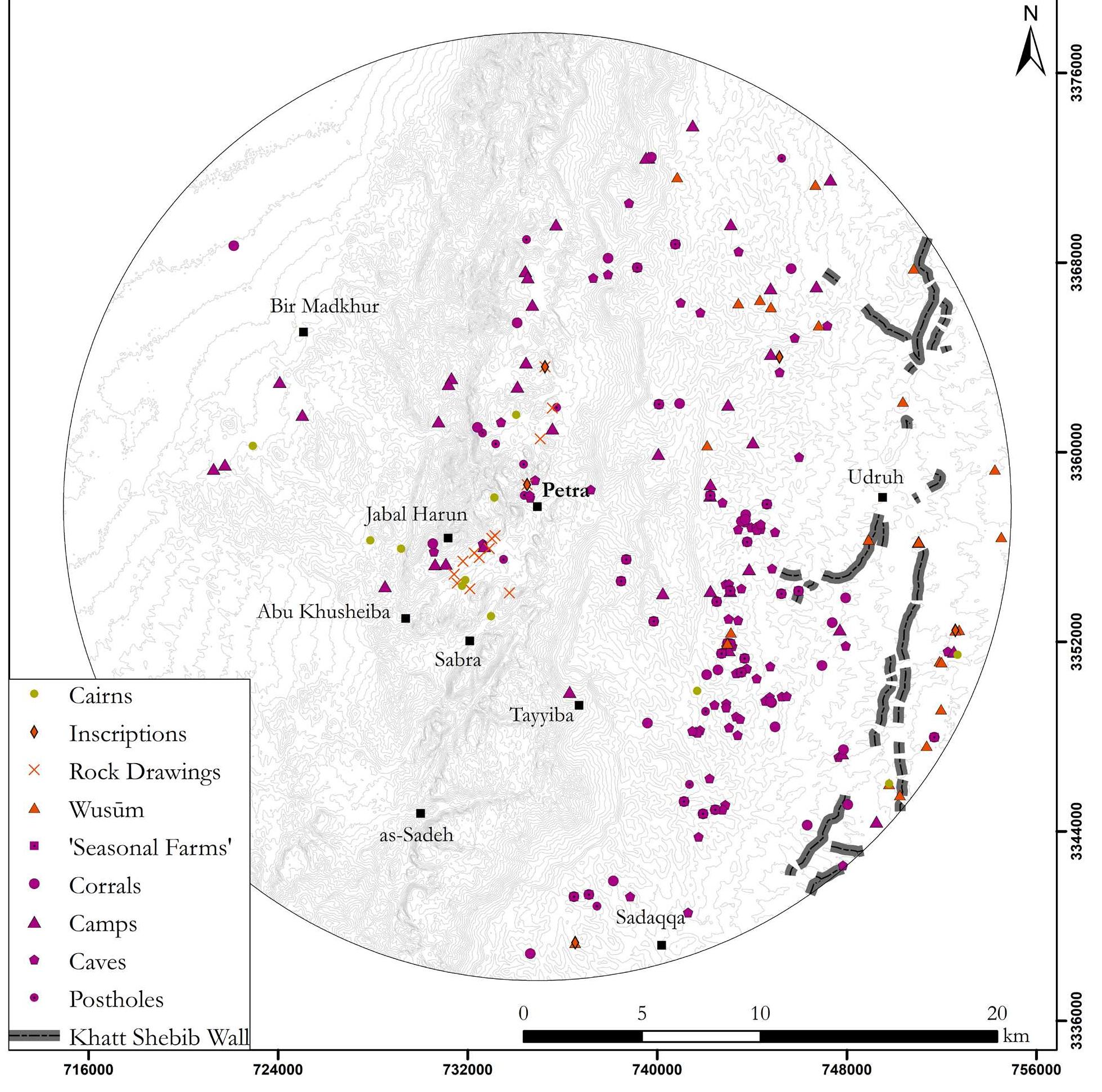 Figure 1. Distribution map of recorded sites pertaining to either pastoral subsistence strategies or to a more mobile way of life in the Petra hinterland (map: W.M. Kennedy; course of the Khatt Shebib after D.L. Kennedy and Banks 2015). 