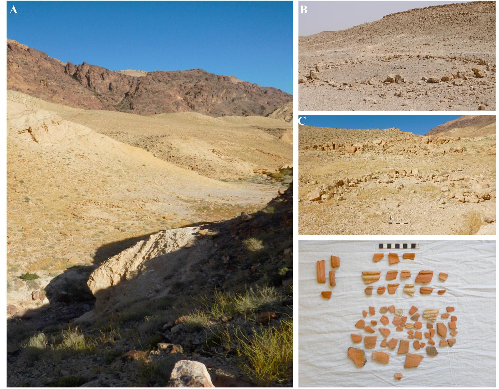 Figure 6. Selective overview of possible pastoral nomadic camp sites in the Petra hinterland. A: view of Petra Hinterland Surve\ Project Site No. 124. B: Site No. 27-ST038. C: Site No. 123, with associated surface pottery finds (second-third century AD?) (photographs by W.M. Kennedy). 