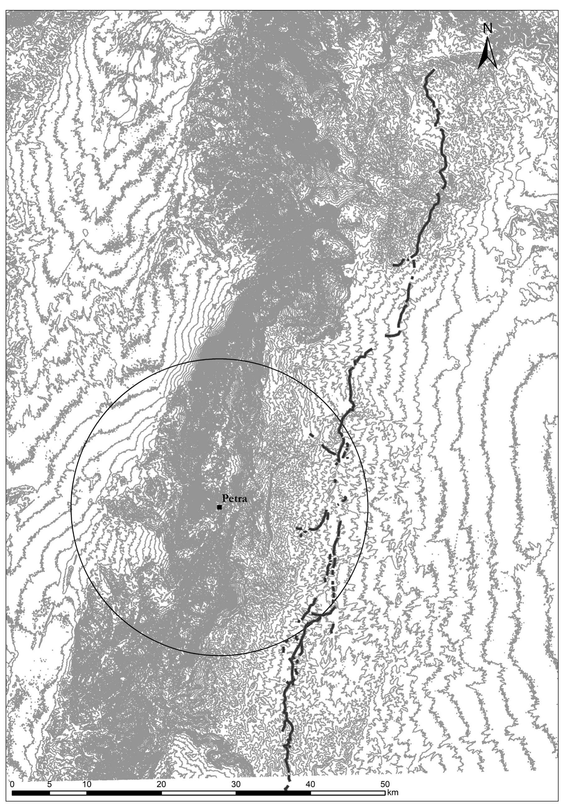Figure 8. The entire stretch of the Khatt Shebib in relation to the Petra hinterland (map by W.M. Kennedy, with the course of the Khatt Shebib after R. Banks in D.L. Kennedy and Banks 2015). 