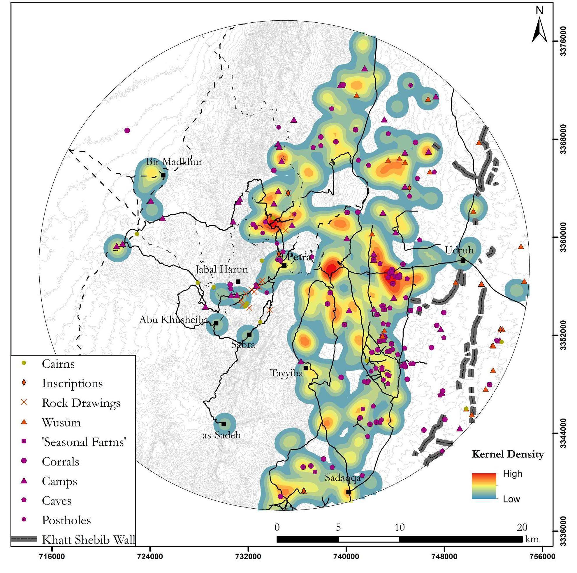 Figure 10. ‘Non-sedentary sites’ laid over the contemporary kernel density map of all sedentary rural settlements in the Petra hinterland dating to the first century AD, with the underlying regional road network (map by W.M. Kennedy). 