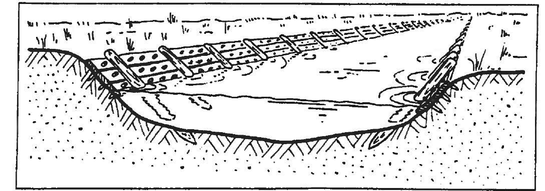 “ig. 2. — Hans Stiesdal’s reconstruction of the Kanhave Canal, from Stiesdal 1964.  which runs across Samsg at the narrowest point of the island, from Selvig Bay in the west to Stavns Fjord in the east. The canal is about 500 m long, 11 m wide, and in some sections the banks are lined with a revetment consisting of horizontal wooden planks, 2-4 planks high (fig. 2 and fig. 4). The heavy timbers are pierced by square holes and fastened through these by long wooden pegs, and the structure is further reinforced by long, pointed, slanted struts driven deep into the subsoil. 