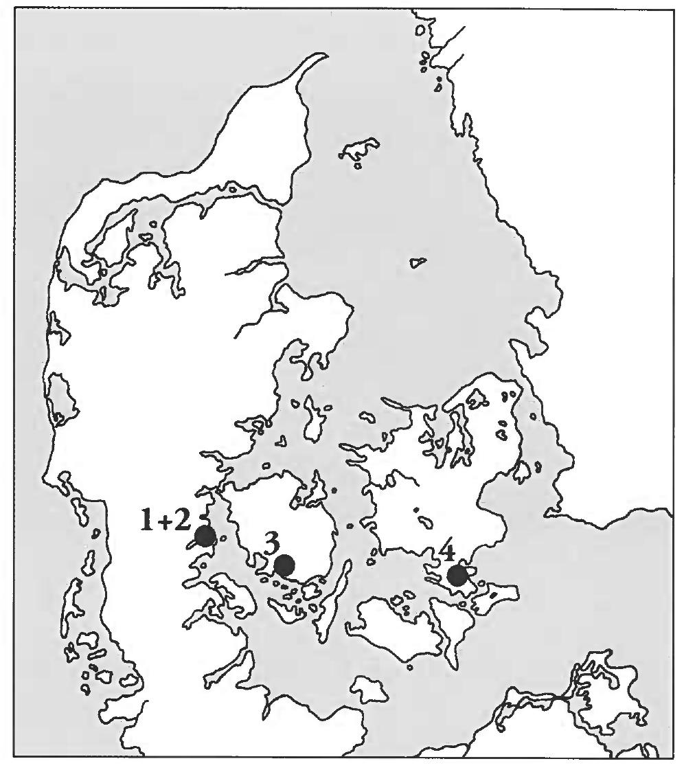 Fig. 1. Three maritime defence structures, all sharing the rare feature that they can be dated to the Roman Iron Age: 1-2) Margrethes Bro and /E Lei in Had- erslev Fjord; 3) Nakkebolle Fjord in South Funen; 4) Jungshoved Cove on Zealand. 