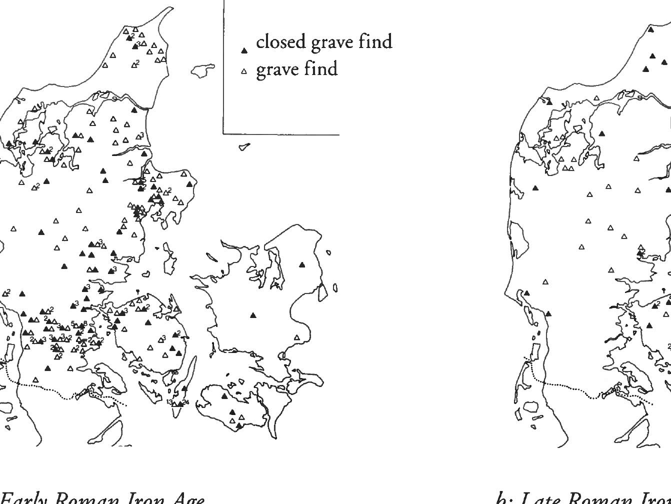 Ye ss |! Ye We have direct traces of battle in the weapon  Fig.4. Especially in the early Roman period the Haderslev area is rich in local weaponry compared with weapons in general in Denmark. There are a striking number of graves with full weapon sets precisely in the Haderslev area, even with spurs, import finds and/or gold (after Hedeager 1990).  In 1984 Mogens @rsnes suggested that in this region we probably had a continuous cultural area in the first and second centuries, comprising South Jutland and Funen, and (especially in the early Roman period) rich in the local weaponry that we find in the weapon graves (Fig. 4a). And there are a striking number of graves with full weapon sets precisely in the Haderslev area, even with spurs, import finds and/or gold — could one actually imagine a garrison in this area? This region protected itself - or demarcated the territorial areas — in the Early Roman period with, among other things, ramparts of the kind we know from Olgerdike and AZ Vold (Fig. 5). @rsnes thinks that the area was divided around 200 just at the Olgerdike, while the weapon graves disappear from the area in the Later Roman  Iron Age (Fig. 4b).  QW]. L.... Jt... 2. 2... 2... LPL 22 I. * Ld 