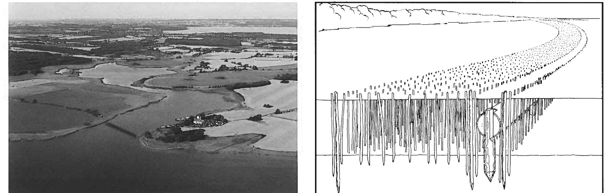 Fig. 1. Sea defence works or sea control structures. One of the most recent finds of sea defence works in Denmark was made in 1995/96 at Jungshoved Cove in Western Zealand (cat. no. 1). Left, Jungshoved Cove seen from the east-south-east - with the barrage marked in black on the photo. The Carbon 14 datings cover the period from the Roman to the Viking Age. Photo: Per Poulsen, National Museum. The reconstruction of a pole construction for sea defence (right) is from Hominde on Lolland (cat. no. 2). The dendrochronological dat- ing is 1139-40 AD. The defence work also has Carbon 14 datings from the Viking Age. Illustration: Leif Hammelev.  The results to be presented here are from the archaeological exploration of sea  That several potential naval harbours can be shown to have been in use in this period is hardly surprising. The external written evidence of large fleet levies in the southern Scandinavian area can for exam-  Military organization involves many as- pects, and in this paper the intention is to ake up one of these themes for considera- ion — that is, naval bases in the transition from the Early to the High Middle Ages in southern Scandinavia from the seventh to he twelfth century. Piece by piece the puz- zle of the military organization of prehis- oric society is being assembled on the ba- sis of pure archaeological research on various military themes. These include the development of weaponry, technological development, changes in combat forms, de- fences in time and space including sea de- fences or sea control, and the contemporary European cultural backeround.!   The main result of this paper is that there are signs of the use of natural haven areas or possibly naval harbours as early as the eighth century - in fact of several har- bour areas - and some of these, according to later written sources, are also interesting in the naval context in the twelfth century. 