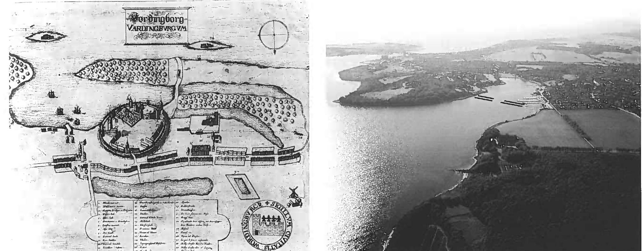 Fig. 10. The Carbon 14 datings of the barrages of Vordingborg harbour cover a total period of about 240 years, starting from the time after the year 1000 (1030 AD calibrated). The oldest construction phase was in the reign of Canute the Great, and another phase with a tower foundation at the entrance was from the reign of Valdemar I in the 1160s (dendrochronologically dated). The latest datings of the stake barrages lie in the period around 1200 AD, under Canute VI and Valdemar II. There are indications that these outlying natural havens (Vordingborg, Hervig etc.), which are often mentioned as mustering places, played an overall coordinating role in fleet levies. Left: Resen’s map of Vordingborg 1671. Photo: National Museum. Right: Vordingborg harbour seen from the east; a part of Madsneo can be seen to the left, the barrages are marked in black. Photo: Per Poulsen, National Museum. 