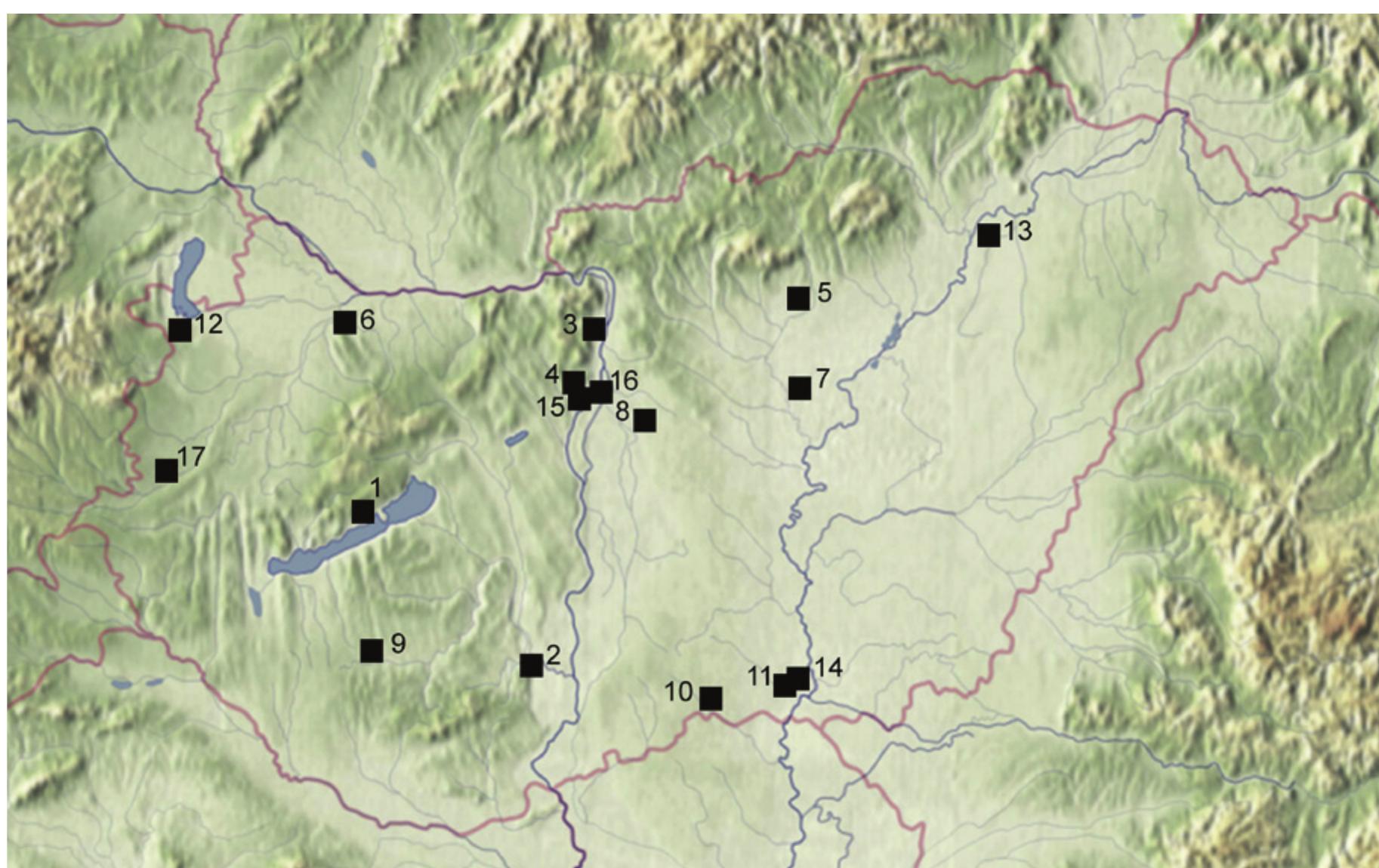 Fig. 3: Map of absolute chronologically dated Bronze Age sites from Hungary mentioned in the text, 1. Balatonakali, 2. Bonyhad, 3. Budapest-Békasmegyer, 4. Erd, 5. Fiizesabony, 6. Gyér- -Ménfocsanak, 7. Janoshida, 8. Kakucs, 9. Kaposvar, 10. Kelebia, 11. Kiskundorozsma, 12. Nagy- cenk, 13. Polgar, 14. Sandorfalva, 15. Szazhalombatta, 16. Szigetszentmiklds, 17. Zsennye. 