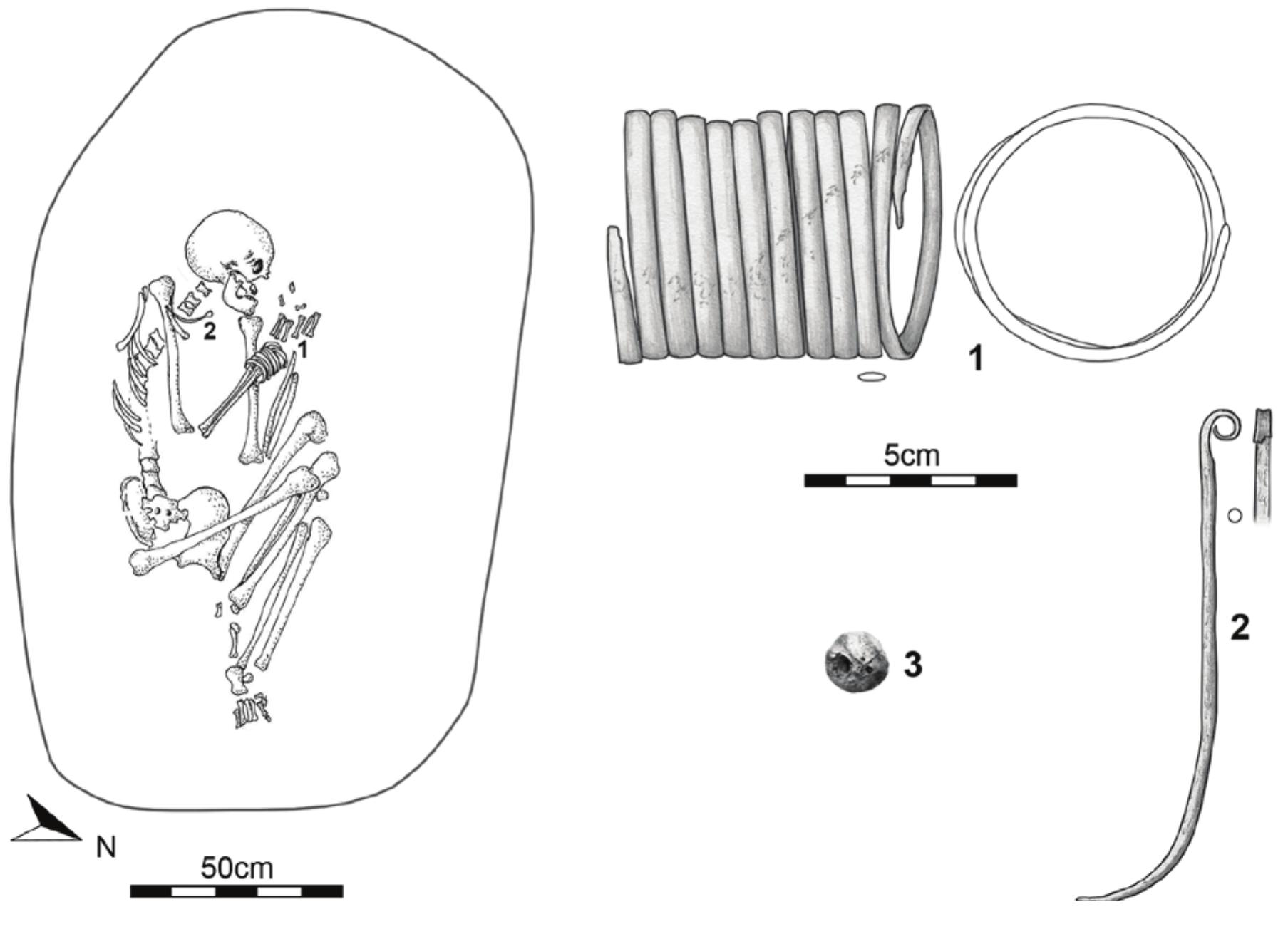 Fig. 8: Burial from the beginning of the Middle Bronze Age. Nagycenk, grave 61 (G6m6rt et al. 2018, fig. 14).  4 fy LAM. A] CALL ME UAGLEUM LY LITE LAE Pilaoe UL LUIS WALA VV FEOEINULS CULLULE.  In central Transdanubia, the Hungarian Middle Bronze Age 1 was characterized by the urther inhumations (Figs. 4 and 6:5-14; Grave 242: 1970-1890 calBC; Grave 243: 1970-189¢ alBC) (SzaB6 2012; Hayvvu et al. 2016, fig. 3:2; SZABO 2017, tab. 1; Ktss et al. in print, fig. 4 ind cremation burials of the younger period of the Kisapostag/earliest Encrusted Pottery ulture population. Burial 8464 from Gyér-Ménfocsanak, Szélesféldek, containing a pair o ‘old hair rings (Noppenring) and two spiral bracelets, a necklace made of animal teeth and .small urn, dates between 1960 and 1830 calBC (Figs. 4 and 9:1-4; MELIs 2013). Similar burials ave traditionally been dated to the EBA; thus, the exact periodisation needs to be revisited Kiss etal. in print).  