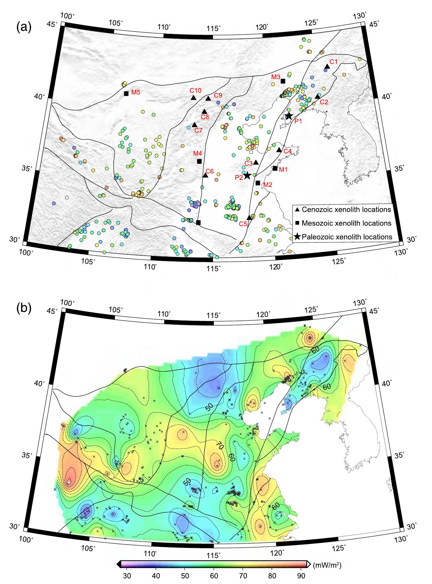 Figure 2. Surface heat flow (G-Z. Jiang et al., 2019) with borehole measurements deeper than 200 m. (a) Point data and xenolith locations and (b) interpolated values (kriging with an interpolation radius of 1°). Color scales in (a) and (b) are the same. Background in (a)—shaded topography; crosses in (b)—heat flow boreholes. Red numbers in (a)—locations of xenoliths used to construct P-T arrays (Figure 3) (the first letter corresponds to the emplacement age: C: Cenozoic, M: Mesozoic, and P: Paleozoic). 
