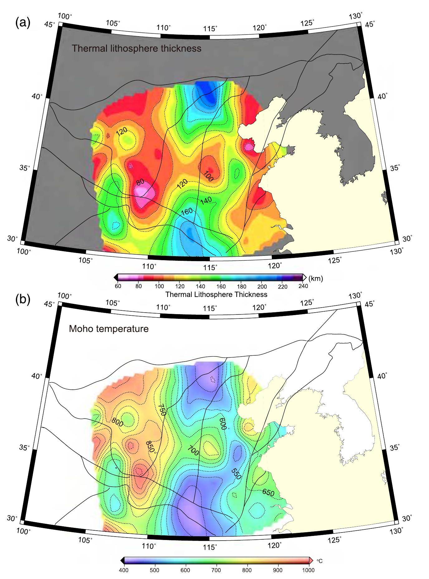 Figure 4. (a) Thermal lithosphere thickness and (b) Moho temperature. 