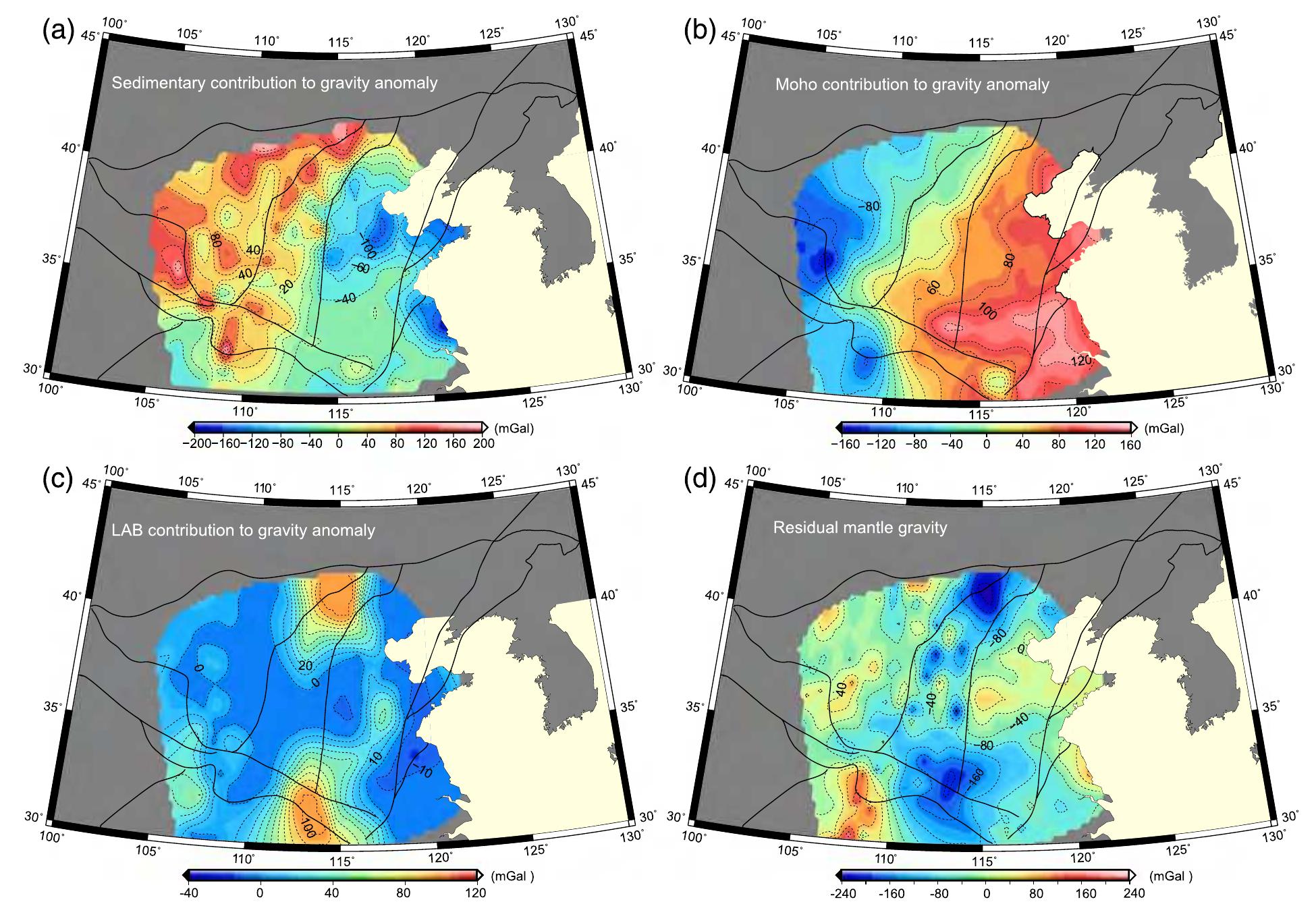 Figure 5. (a) Gravity anomaly from surface to the bottom of the sedimentary sequences, (b) gravity effect from the variation in the Moho depth, (c) LA topography contribution to gravity anomaly, and (d) residual mantle gravity anomalies. 