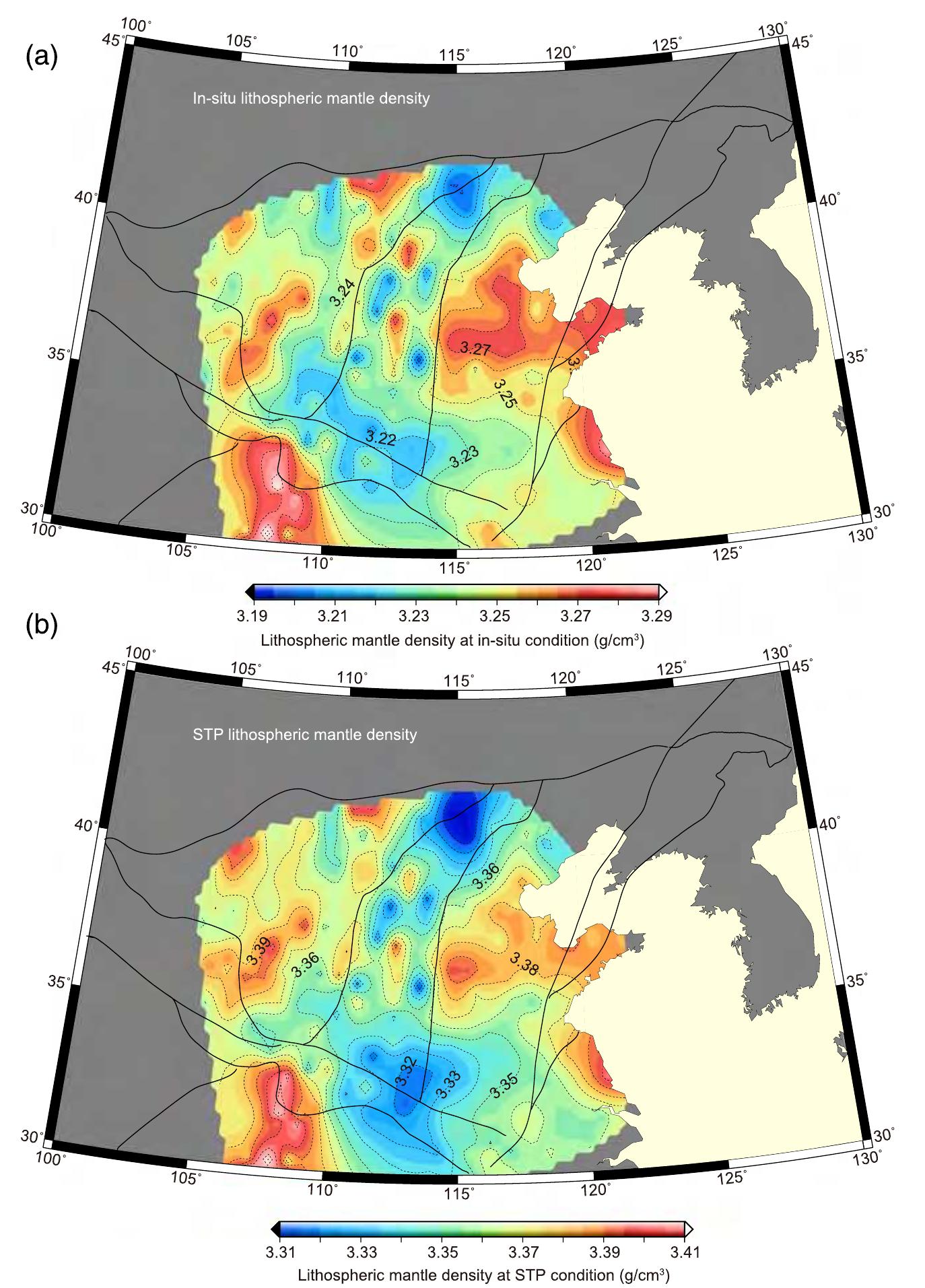 Figure 6. Lithospheric mantle density at (a) in situ condition and (b) STP condition. 
