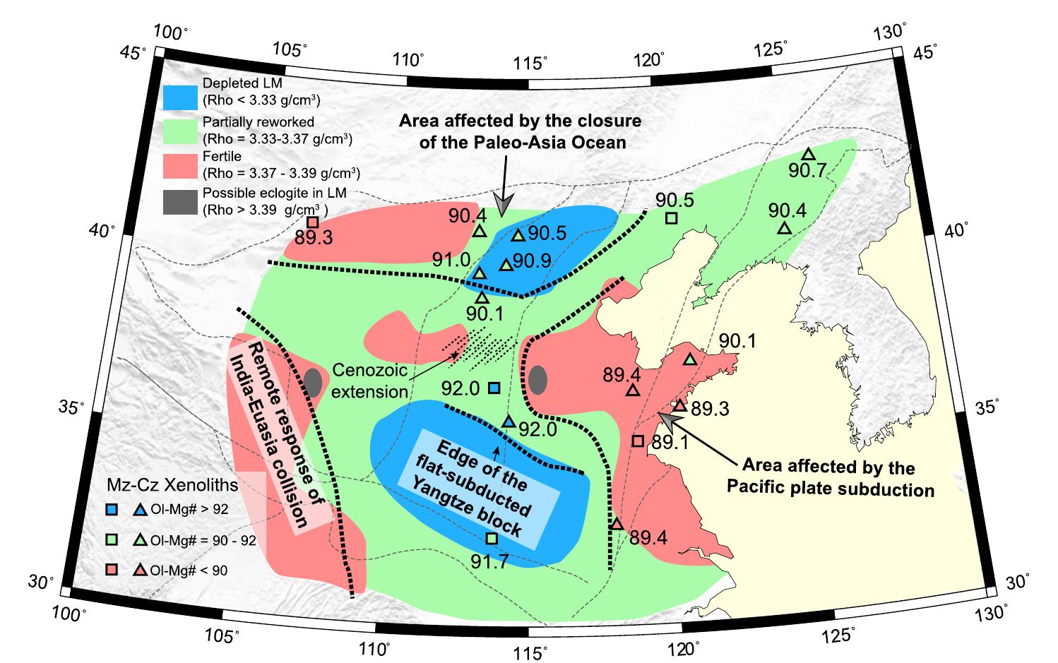 Figure 7. Sketch map showing our interpretation of lithospheric mantle composition based on density values (Figure 6). Triangles, squares, and stars mark locations of Cenozoic, Mesozoic, and Paleozoic kimberlites, correspondingly. Numbers close to symbols mark the average olivine-Mg # in xenoliths and color of symbols shows average olivine-Mg # in xenoliths (Chu et al., 2009; Dai et al., 2018; Lin et al., 2019; J.-G. Liu et al., 2011; Y. Xiao et al., 2010; Ying et al., 2006; Zheng et al., 2007, and references therein). 