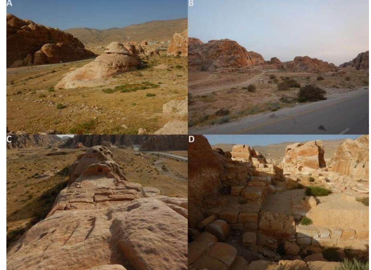 Figure 1: The so called ,Dionysian Hall‘ at Umm Qussah: A and B: Overview of the rocky
promontory. C and D: Rock-cut and freely built monumental architecture of Umm Qussah.
Photos: W. M. Kennedy.
 baths, a huge rock-cut cistern as well as an elevated courtyard and peristyle were
revealed. Moreover, immediately adjacent to the main structure, rock-cut wine
presses were documented suggesting that Umm Qussah was once situated within
an extensive wine-growing area. This and the discovery of numerous architectural
and decorative elements with Dionysian themes has led the excavators to term the
structure as the ‘Dionysian Hall.’ Furthermore, the evidenced peristyle was
interpreted as an oecus that may have served as a ¢riclinium for the Nabataean
kings, which may seem fitting to the overall ‘Dionysian’ setting of the structure.
Chronologically, Umm Qussah was constructed during the reign of Malichos I
(59/58-30 BC) as is evidenced by stratified pottery material dating shortly after 50
BC. However, as there is no material dating subsequent to the last quarter of the 1“
century BC, the structure seems to have been occupied only briefly.
