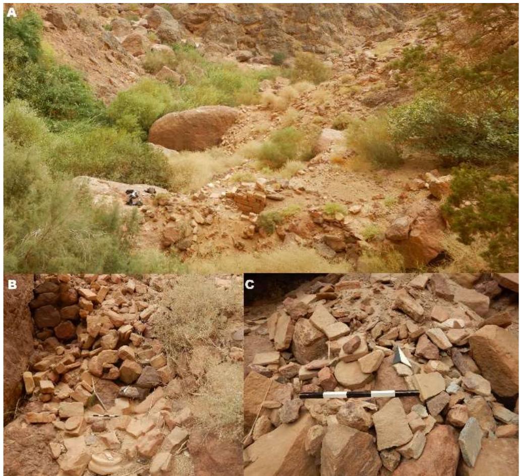Figure 3: A: Overview of the structural remains of Seir al-Begh’er. B: Debris with
monumental Graeco-Roman architectural fragments. C: Suspensurae fragments of a
heating system. Photos: W. M. Kennedy.
 This last point is particularly untenable, as its surrounding topography is
impossible for camels to pass and the structure itself can only be accessed with
great difficulty (Kennedy 2016; Kennedy forthcoming). In fact, Naqb Slaysil and
Naqb Seir al-Begh’er, which lead to the site, are undoubtedly one of the most
strenuous routes yet discovered in Petra’s hinterland (Kennedy forthcoming).
