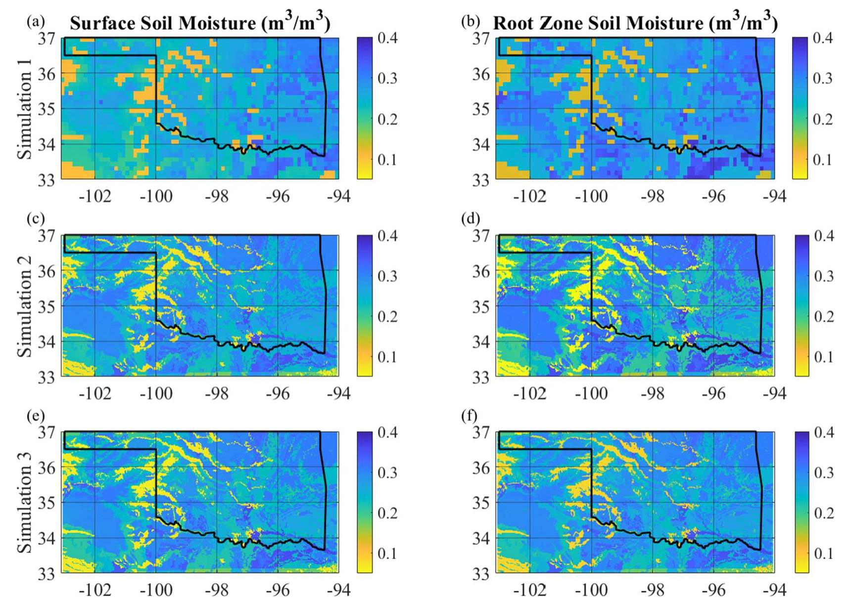 Maps of average surface (left column) and root zone (right