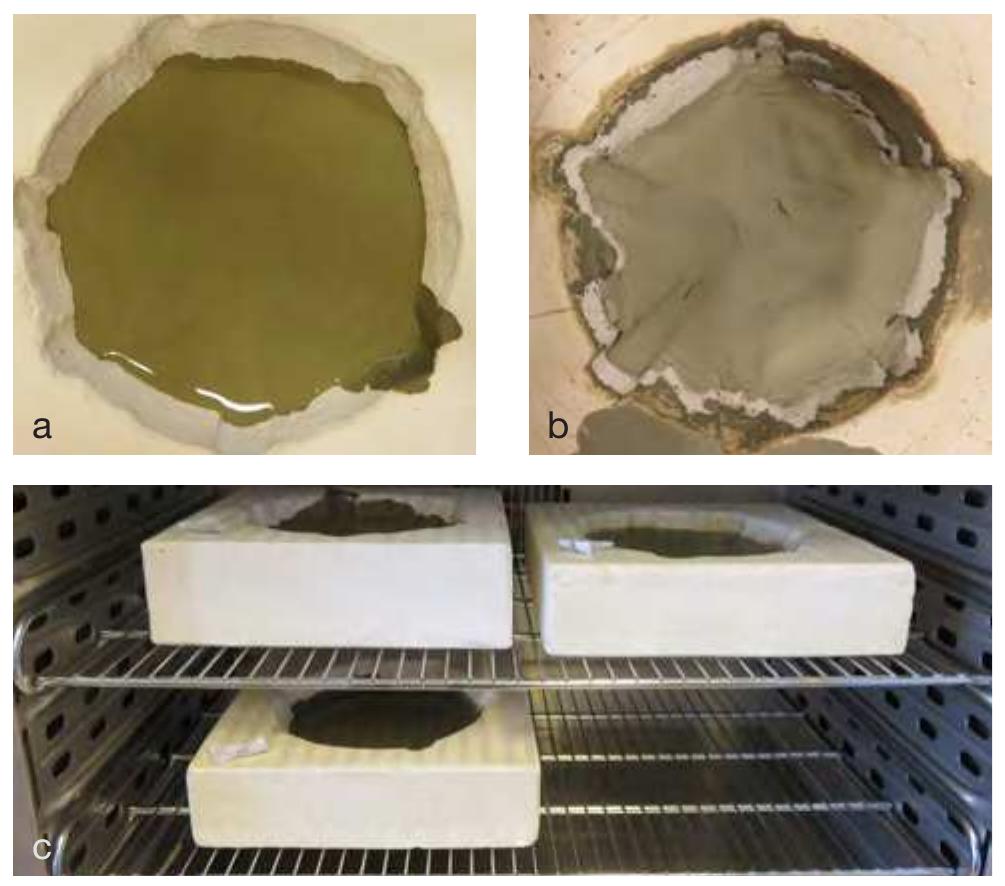 Fig. 2.2. a. Liquid clay; b. ary clay; c. moulds in the oven.  (Fig. 2.1c), stored in a plastic bag (~850 g). 
