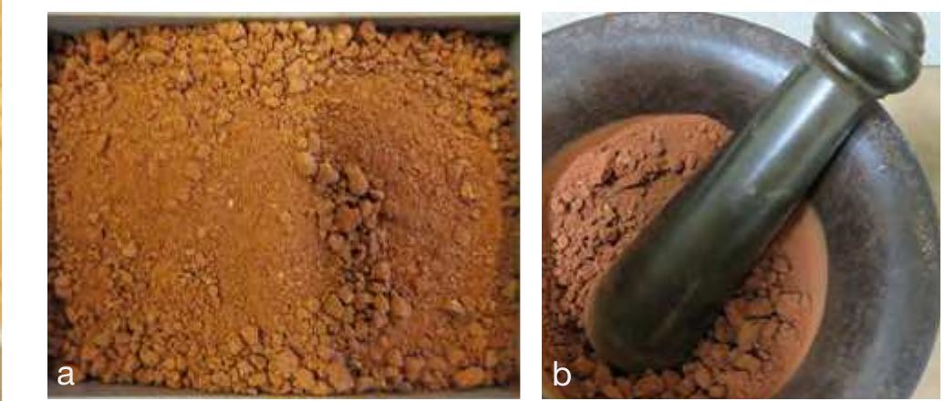 Fig. 2.5. a. Crushing of briquettes NLT 266B; b. fraction < 2mm of briquettes NLT 266B.  Fig. 2.4. Briquettes in the oven before (a) and after (b) firing; c. fired briquettes NLT 268 and 266B. 