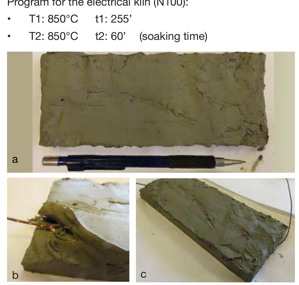 Fig. 3.2. a. Briquette of clay NLT 267; b. inserting the TC inside the briquette; c. briquette with TC.  stopped on 12.01.18.  the gneiss boulder; 10-11.01.18), while recording the 