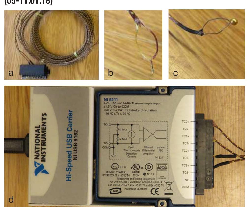 Fig. 3.1. a. Type K TC; b. TC with soldered wires; c. TC with golden bead; d. multi-way switch. 