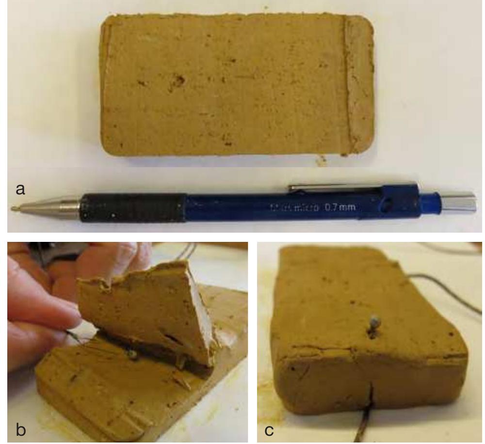 Fig. 3.3. a. Briquette of clay NLT 266B; b. inserting the TC inside the briquette; c. briquette with TC. 
