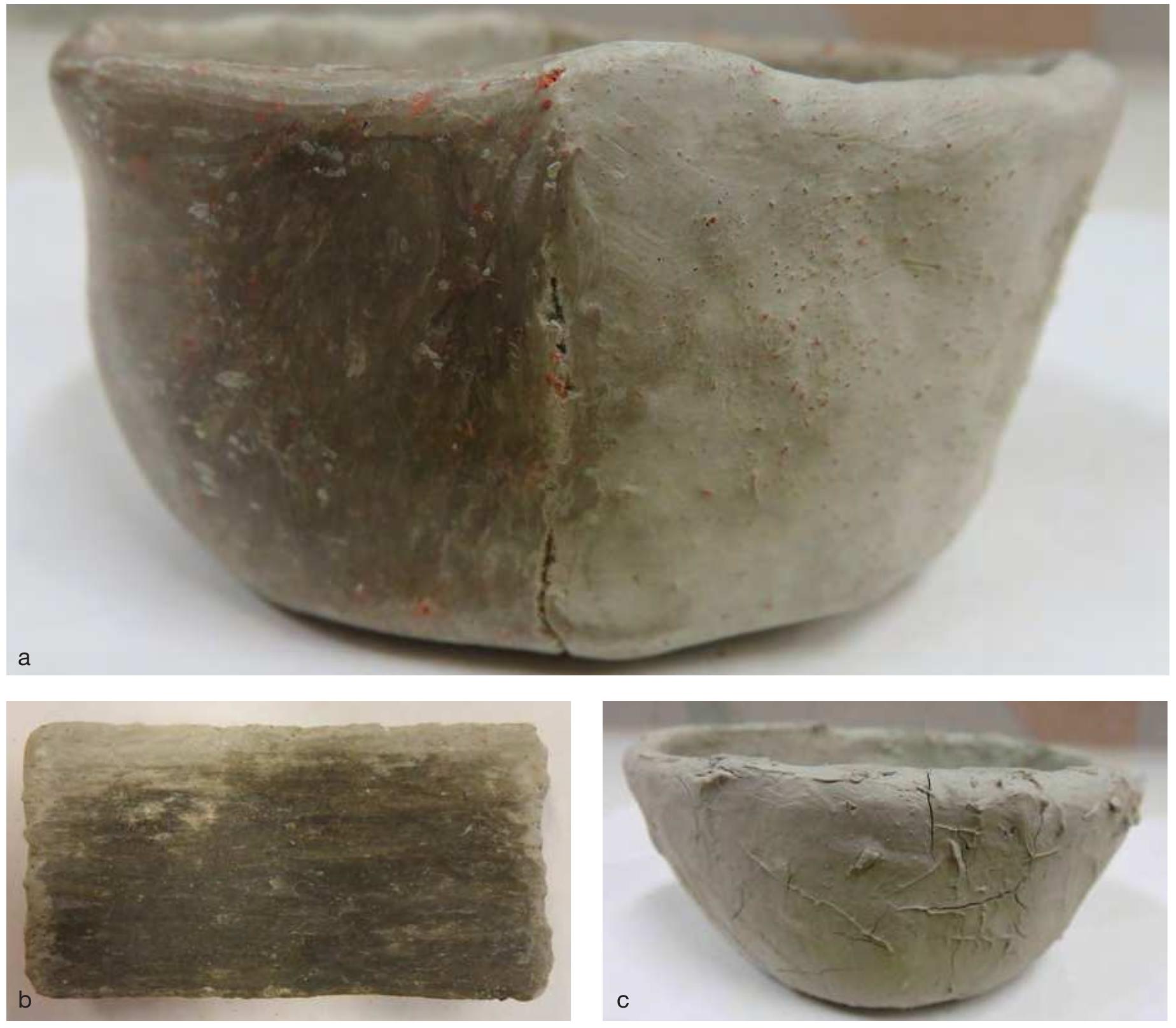 Fig. 4.1. a. Pot 267 G FBK with polished part (left side) and smoothed part (right side); b. Example of the polished surface of briquette NLT 267 R FBK (note: the upper left edge could not be polished, because too dry); c. Pot 267 R FB with barbotine NLT 267 (untreated). 