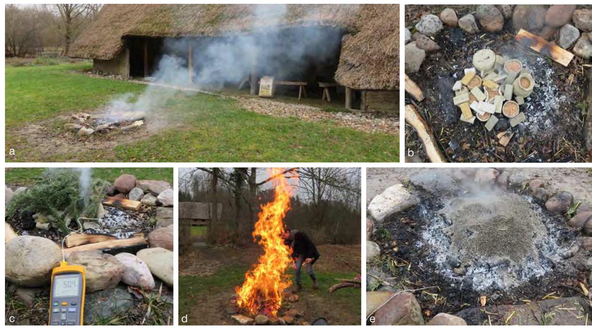 Fig. 4.2. a. Fireplace FB; b. placing of objects; c. temperature recording with thermometer; d. firing; e. fire extinction with sand 
