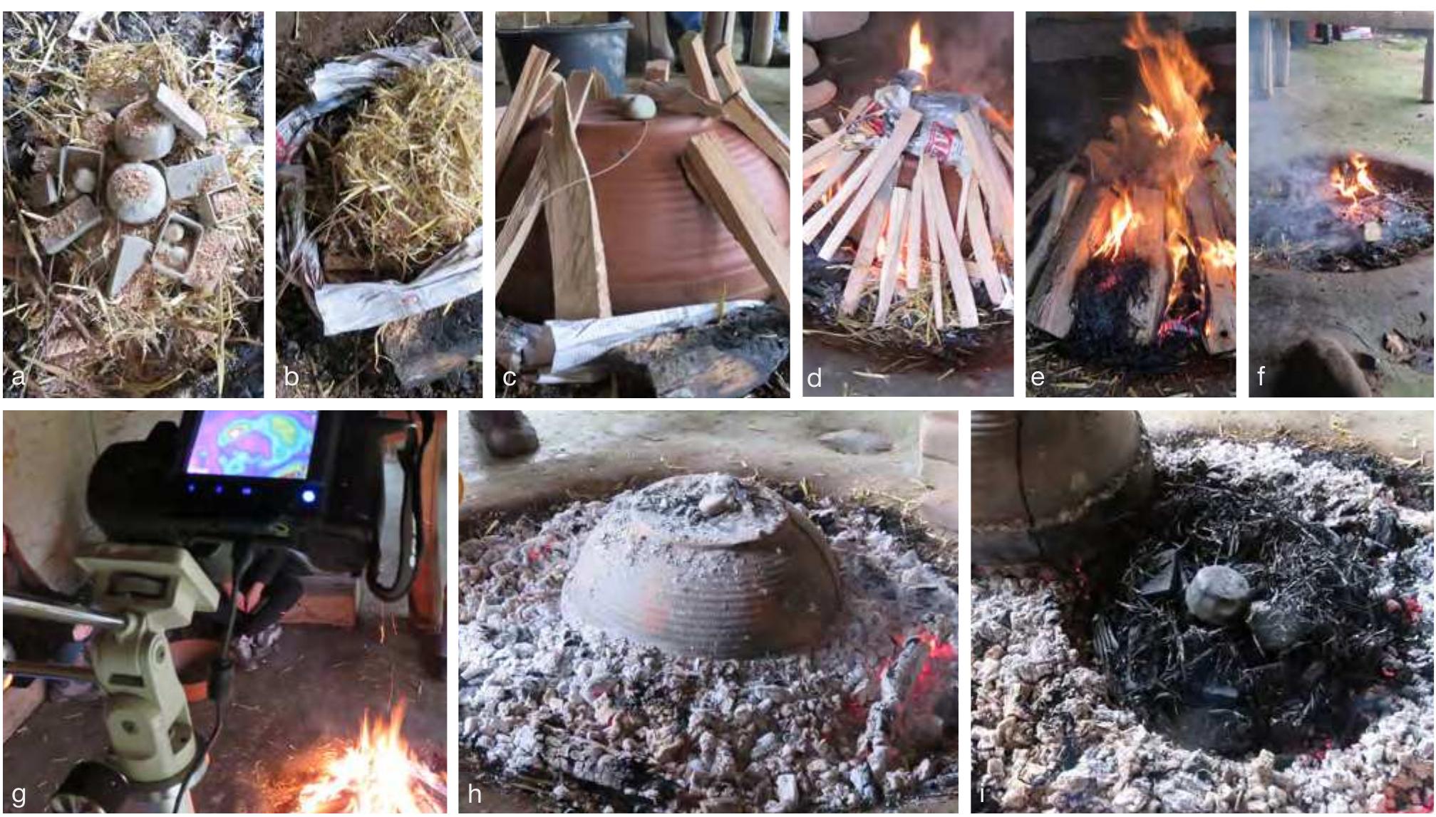Fig. 4.3. a. Placing of objects; b. putting newspaper; c. covering with an earthenware flowerpot and wood; d. restarting of the fire; e. firing; f. fireplace FBK; g. temperature recording with infrared camera; h. cooling phase; i. fired objects. 