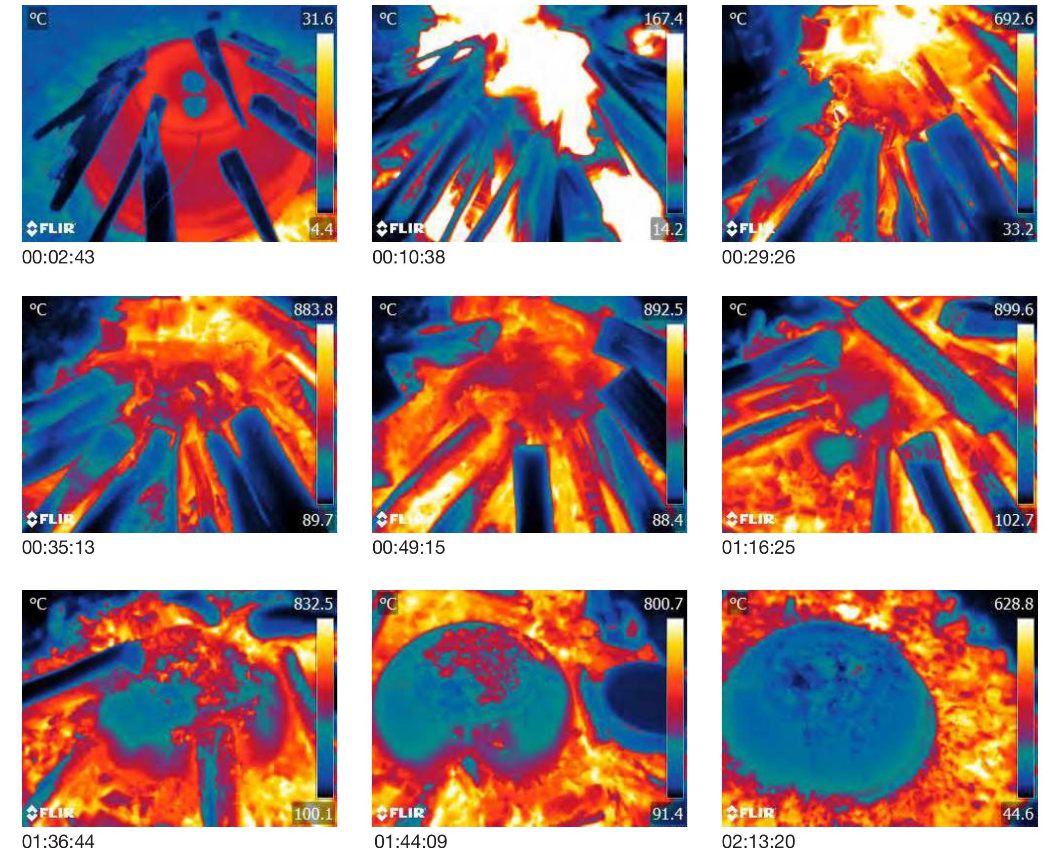 Fig. 4.6. Infrared images made during the firing. Note the different temperature scale for each image 