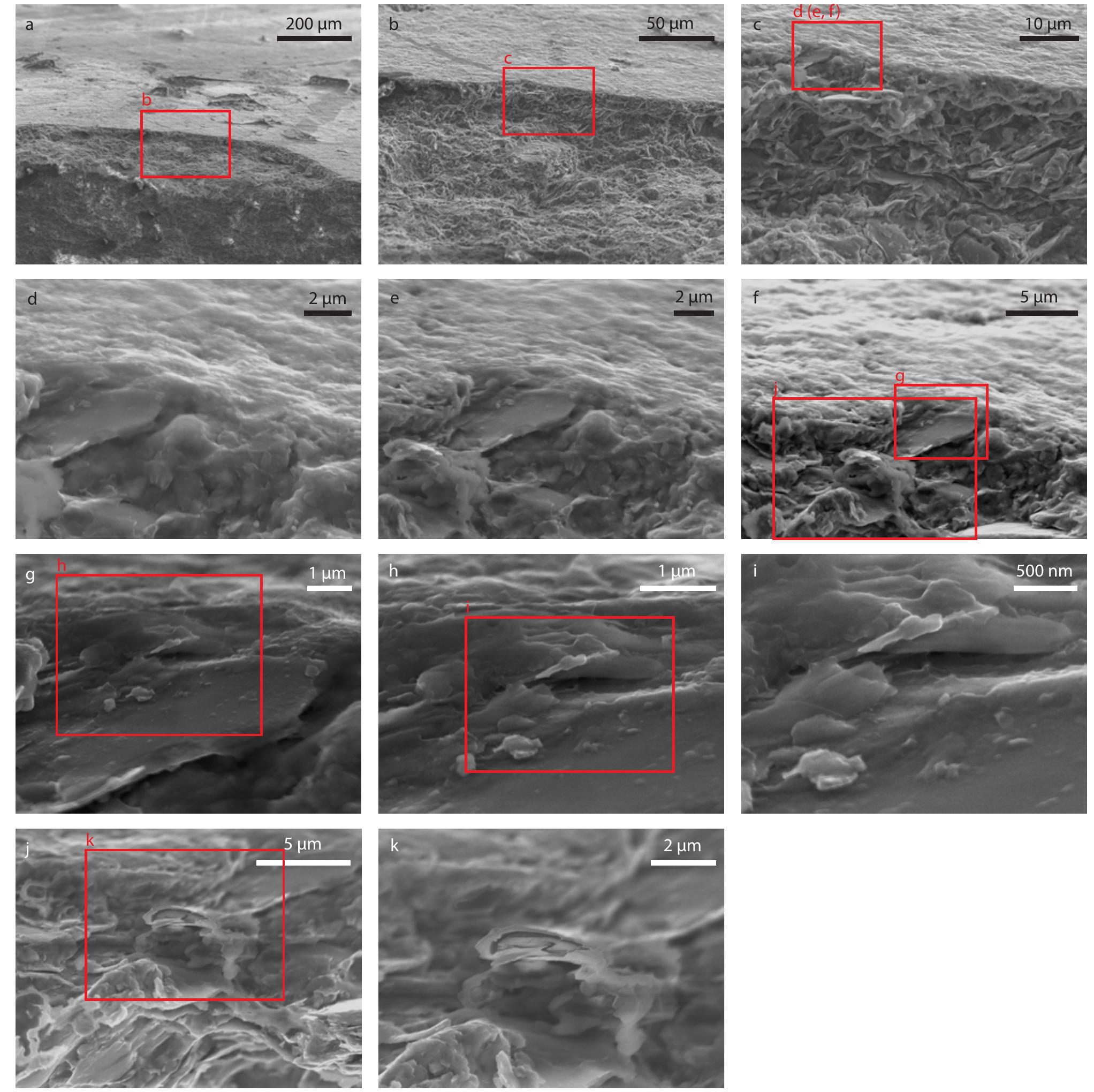 Fig. 5.15. SEM images of area 1 of pot fragment NLT 267 R FBK; a-d: tension of 10 kV, spot 4.0; e: tension of 6 kV, spot 2.0; f: tension of 6 kV, spot 3.0; g-k: 6 kV, spot 3.0, ultra-high resolution; artefacts are present in j-k. 