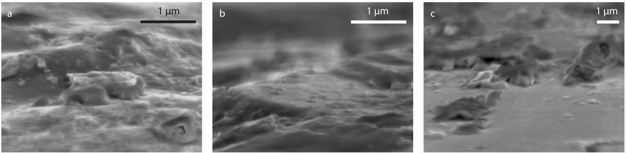 Fig. 5.17. SEM images of unknown area(s) of pot fragment NLT 267 R FBK; a-c: tension of 3 kV, spot 3.0, ultra-high resolution; artefacts are present in these images. 