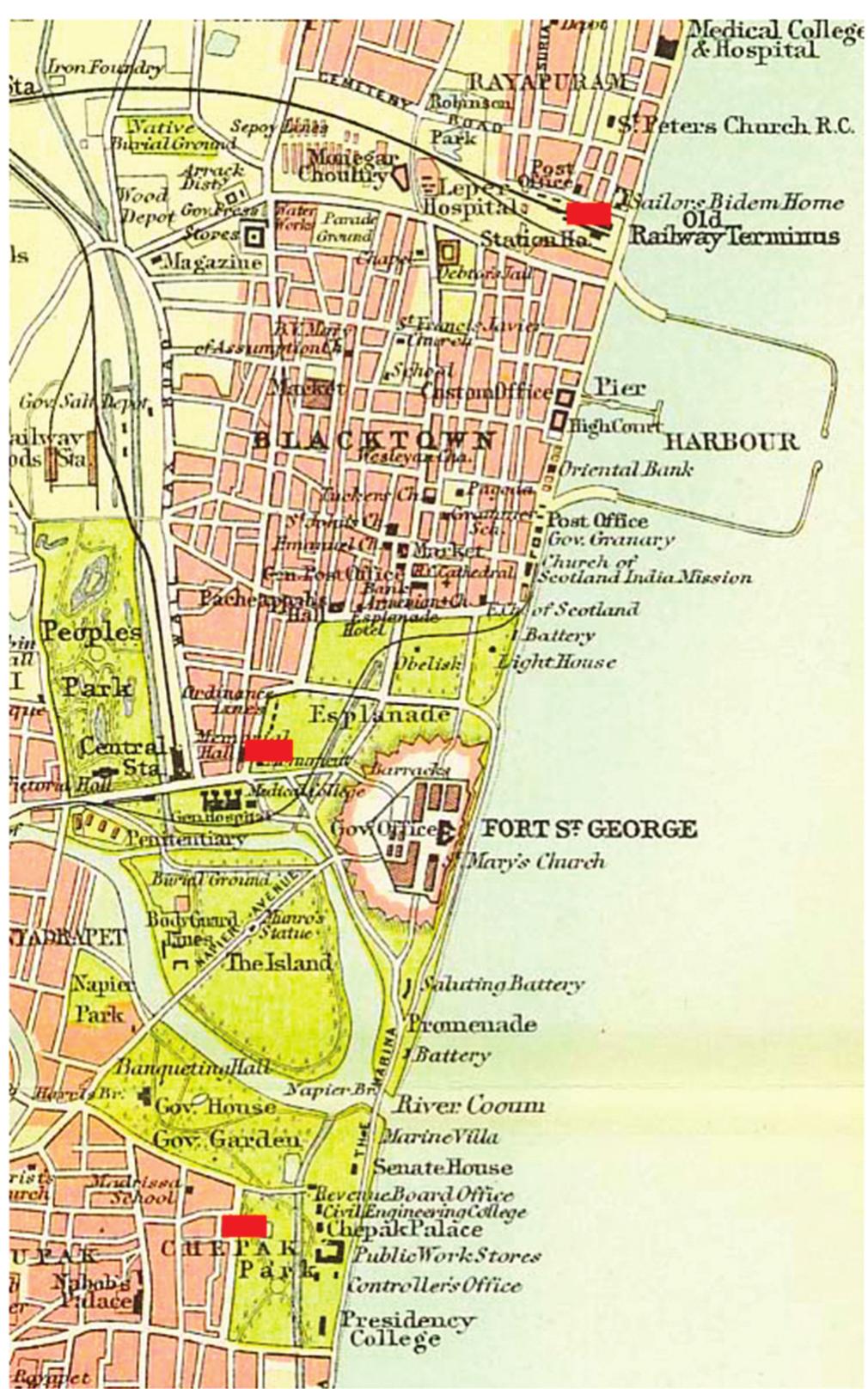 Figure 8. Map showing three locations of Parsi theatre in colonial Madras. Based on Constable’s Hand Atlas of India, 1893. Courtesy of Wikimedia Commons 