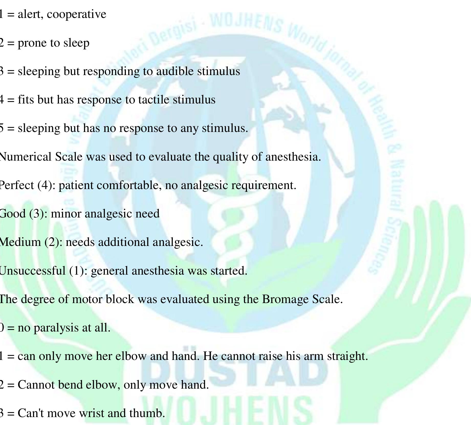 A 5-point scale (Ramsey Sedation Scale) was used for sedation.  The tourniquet was not lowered 20 minutes before the anesthetic agent injection and was not 