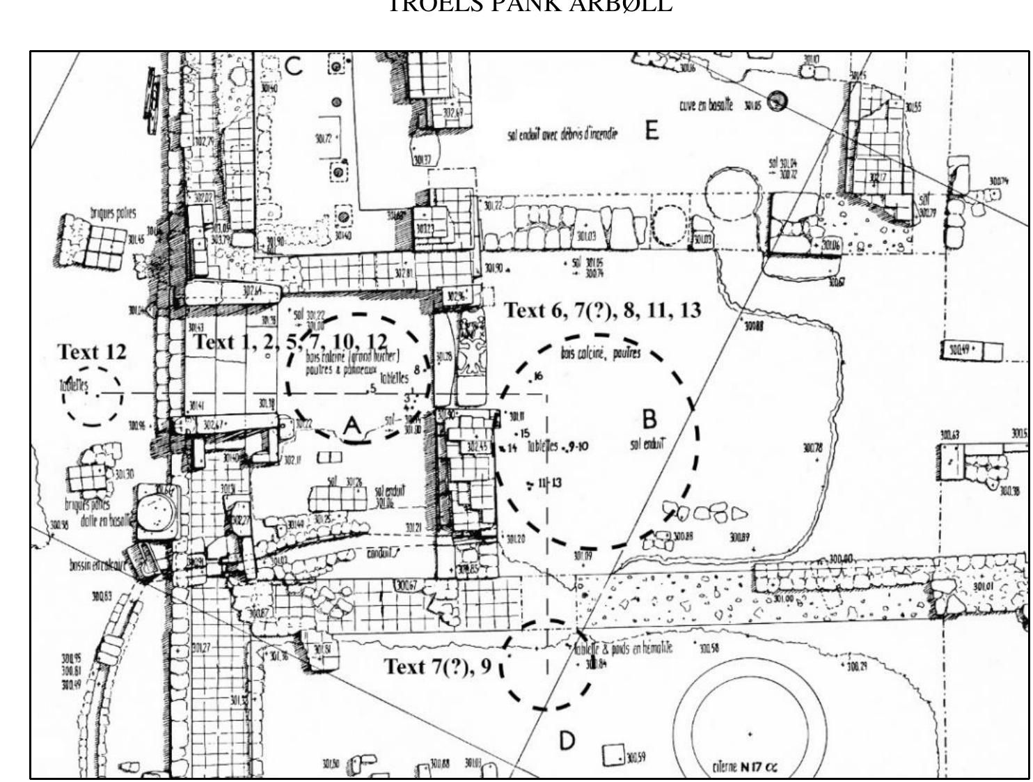 Fig. 1. Building HI at the Hama Citadel, level E. Dotted circles with text numbers indicate general areas in which manuscripts were found (reproduced after Fugmann 1958, 173 fig. 213)./ 