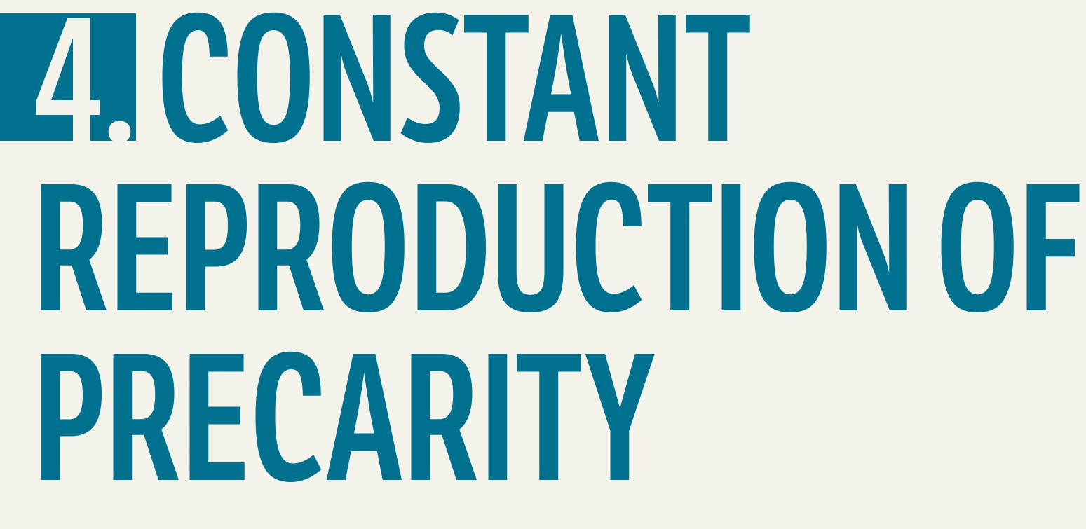 this section the constant precarity of Afghans will be elaborated in its various forms. | f) Their precarity starts in their home country, moves along their journeys, and continues in Istanbul. Based on the testimonies of the respondents, the forms of precarity are dis- cussed under three subheadings. In the first section, the devastating journey is portrayed step by step as Afghans move and struggle to survive. In the second part, their living conditions in Istanbul are explored in terms of how they become the major source of manual labor force in the city of  Istanbul, constituting the bottom stratum within the informal sector. Hence, their ascetic bodies be- come their one and only capital in order to survive and remit back to their families in Afghanistan.  Within their invisible and introvert life, they establish close network among each other connecting the newcomers to relatively earlier ones. In the third section, the tension between the high mobility of Afghans and the politics of deportation is examined. While Afghans constantly move from one place to another wherever jobs are available, they simultaneously feel the fear of deportation at every moment in their daily life. The anecdotes given by the respondents show that Afghans’ high  mobility is tolerated by the authorities for the sake of the informal labor market unless a security  concern arises. What it is called as “mobility-security nexus” explains the dynamics of precarity generated by the political and institutional barriers as well as lack of international protection and civil society. As a result of all this, Afghans, being at the margins of precarity, pursue a totally in- visible life where they create their own ways of resilience. 