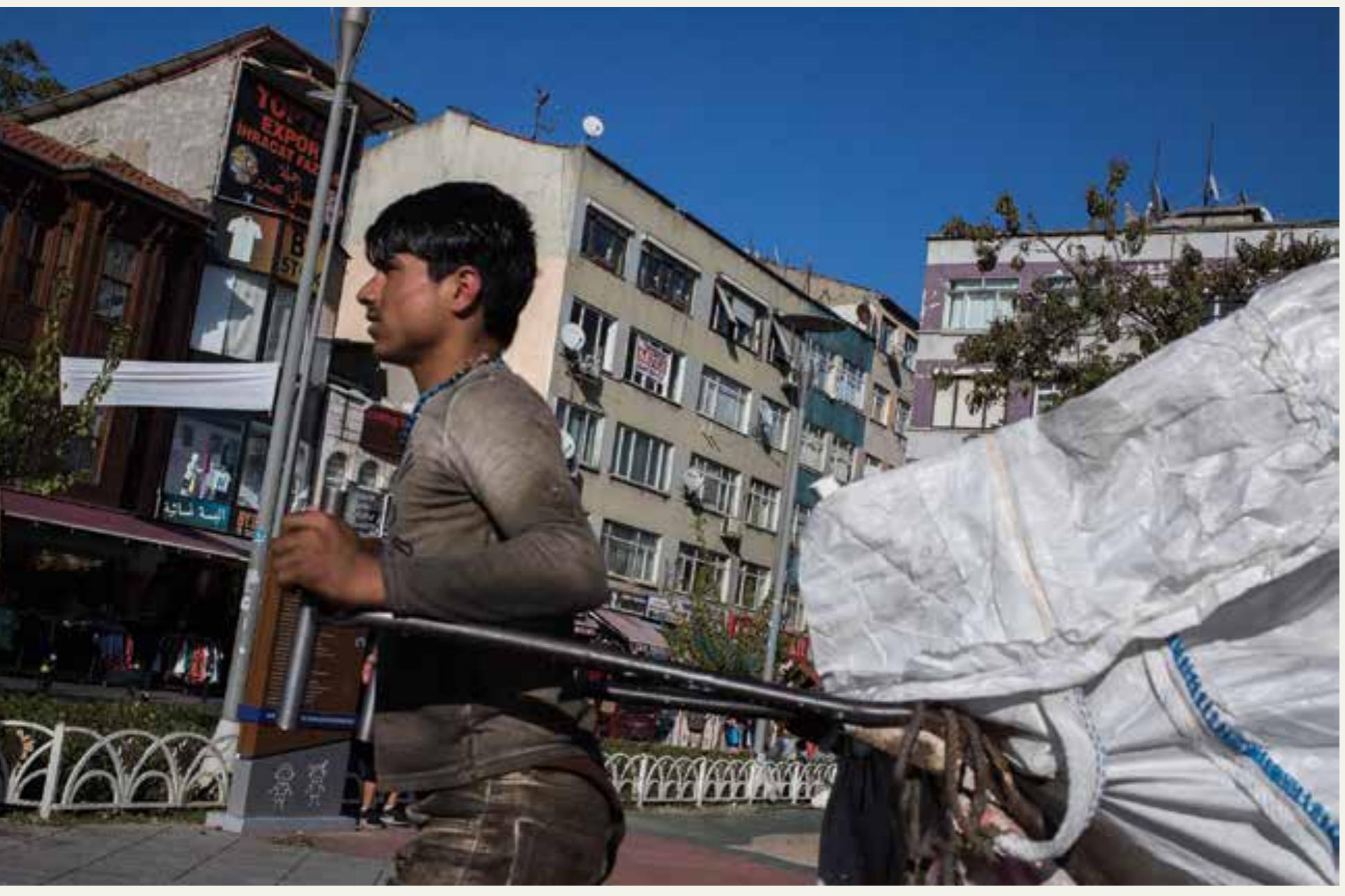 Figure 8: A garbage collector Afghan. They call it as cekcek referring to rickshaw they use while crossing Afghanistan border. [Photo: Emirkan Coriit] Courtesy of Emirkan Coriit, the author is thankful for his generous sharing. This photo was originally published in the 7th issue of beyond.istanbul, Mekanda Adalet ve Miiltecilik. 